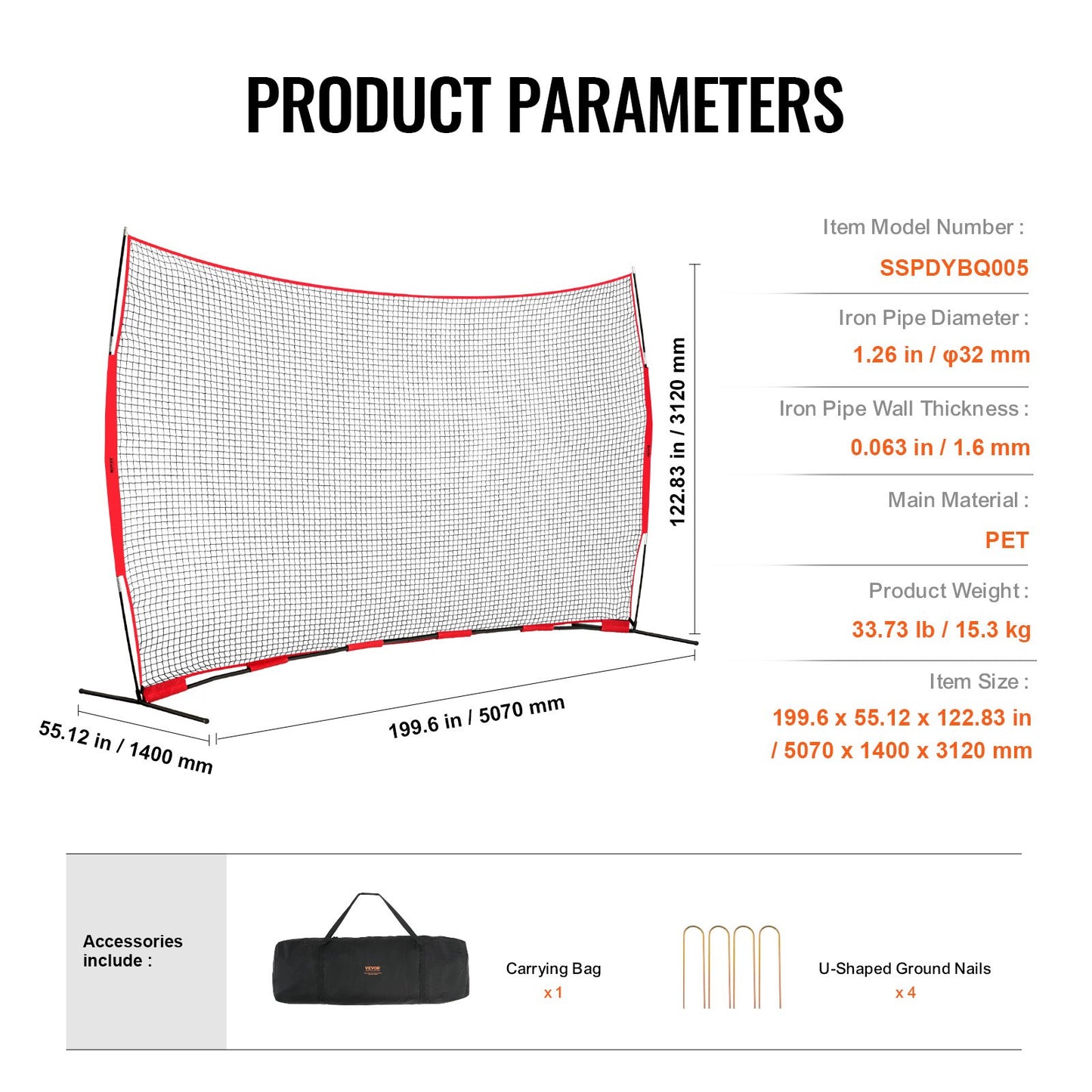 Barricade Backstop Net, 16x10 ft Ball Sports Barriärnät, Bärbar träningsutrustning med bärväska, Skyddsskärm för Baseball Softball Lacrosse Fotboll Hockeyträning, för bakgård