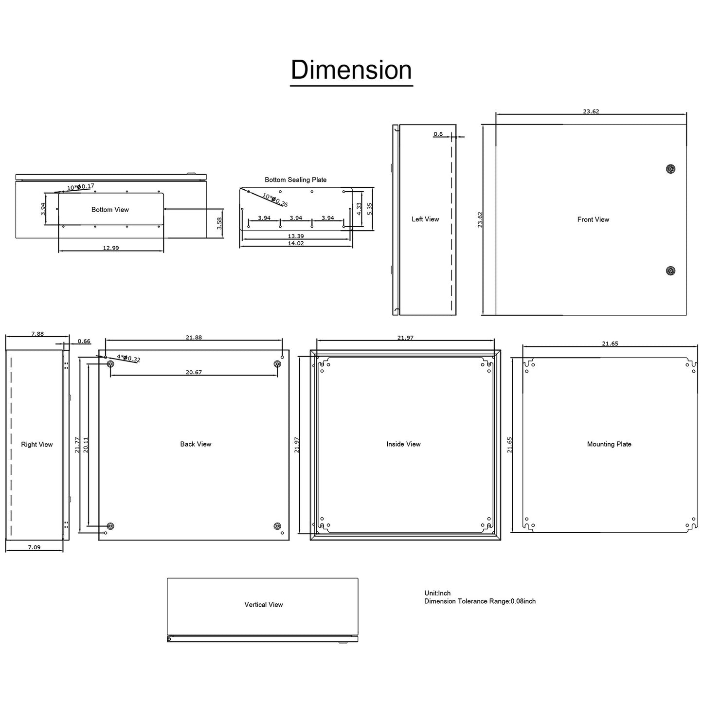 NEMA stålkapsling, 24 x 24 x 8 tum NEMA 4X eldosa i stål, IP66 vattentät och dammtät, elektrisk kopplingsdosa utomhus/inomhus, med monteringsplatta