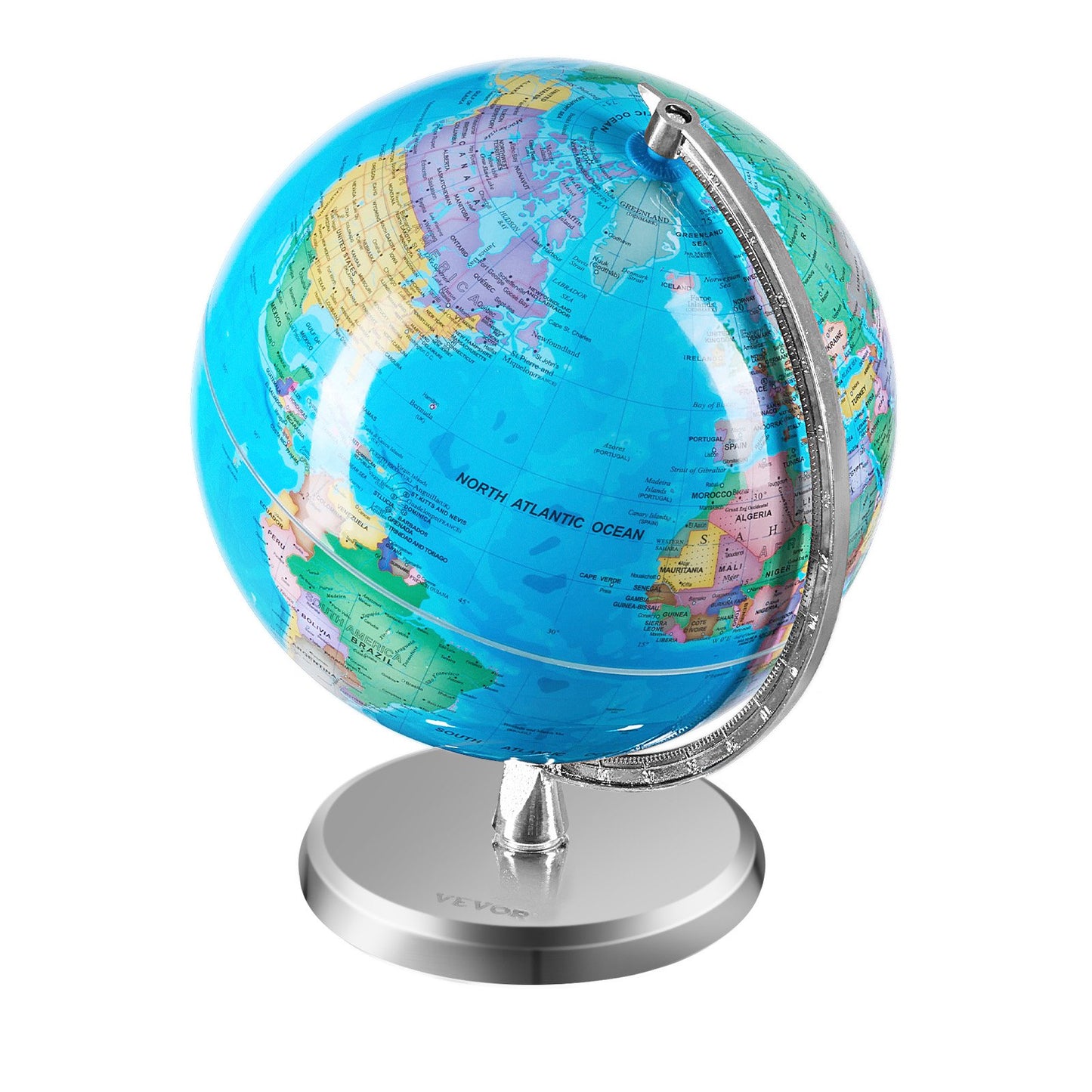 Rotating World Globe med stativ, 8 tum/203,2 mm, pedagogisk geografisk jordklot med exakt tidszon ABS-material, 360° snurrande klot för barn Barn som lär sig klassrumsgeografiutbildning (Kartspråk: engelska)