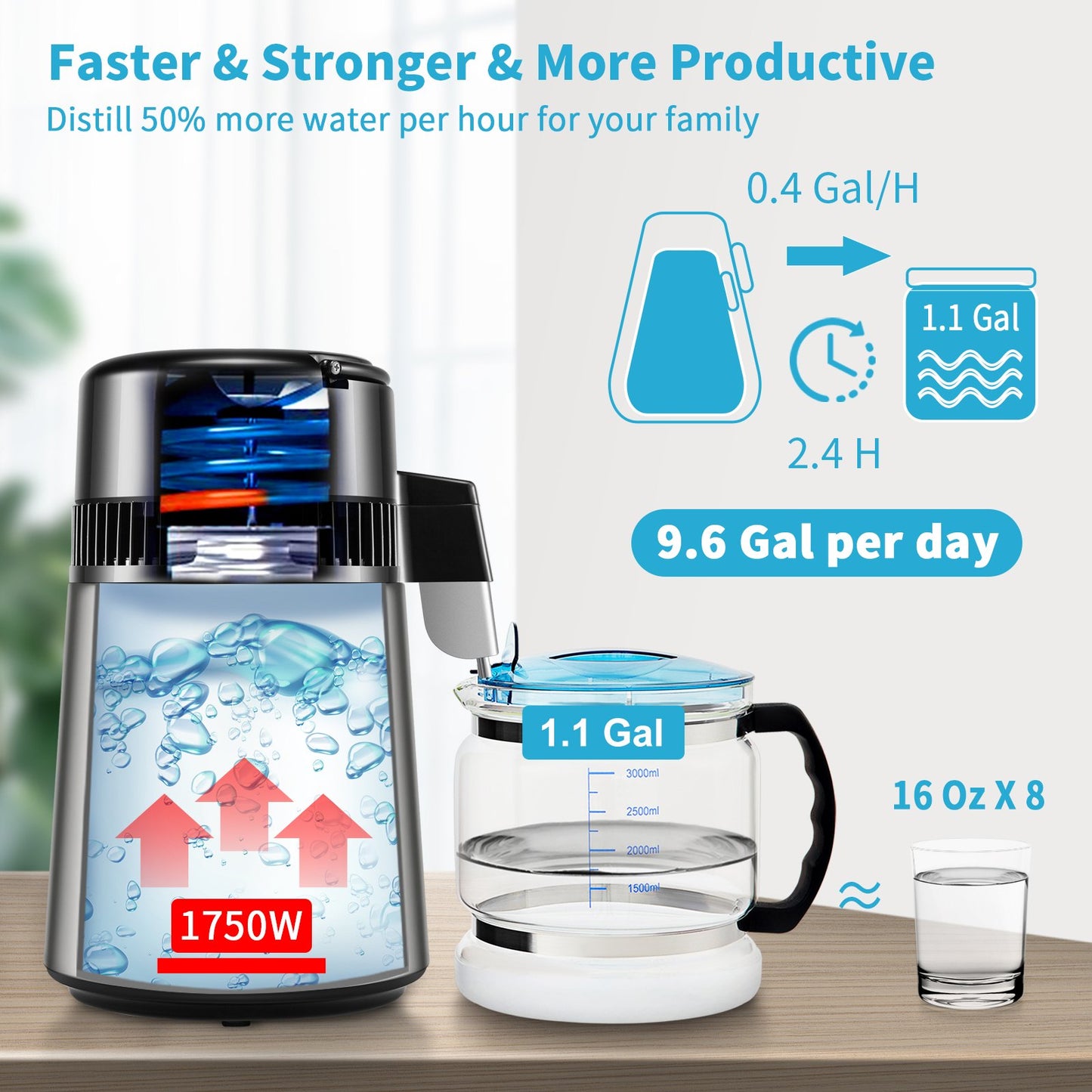 4L Wasserdestilliergerät 1,5L/H Destilliertes Wasser Maker Timing Dual-Temp Silber