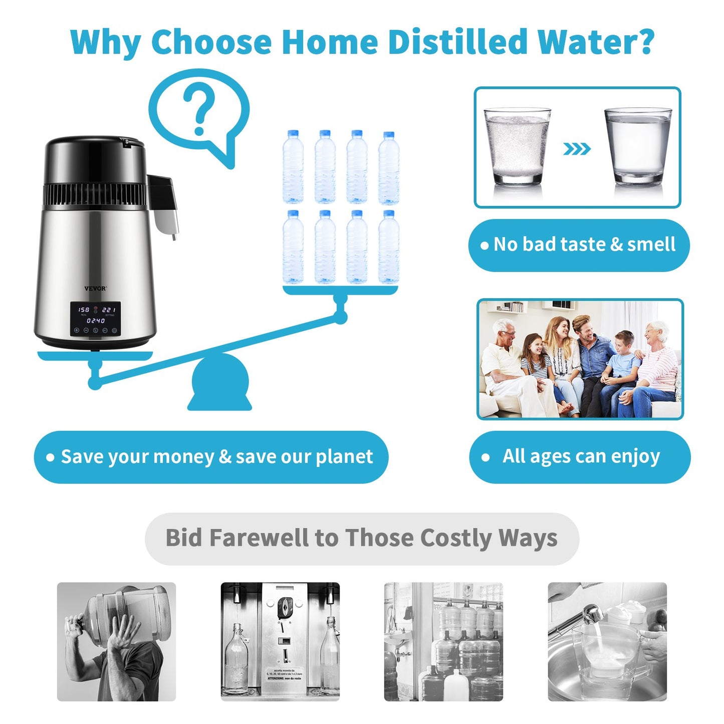 4L Wasserdestilliergerät 1,5L/H Destilliertes Wasser Maker Timing Dual-Temp Silber