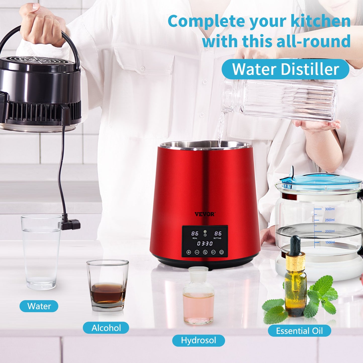 Water Distiller, 1 L/H, 4L Distilled Water Maker with 0-99 H Timing, 750W Countertop Water Purifier with Dual Temp Display, Glass Carafe Cleaning Powder 3 Carbon Packs Equipped, FDA Approved, Red