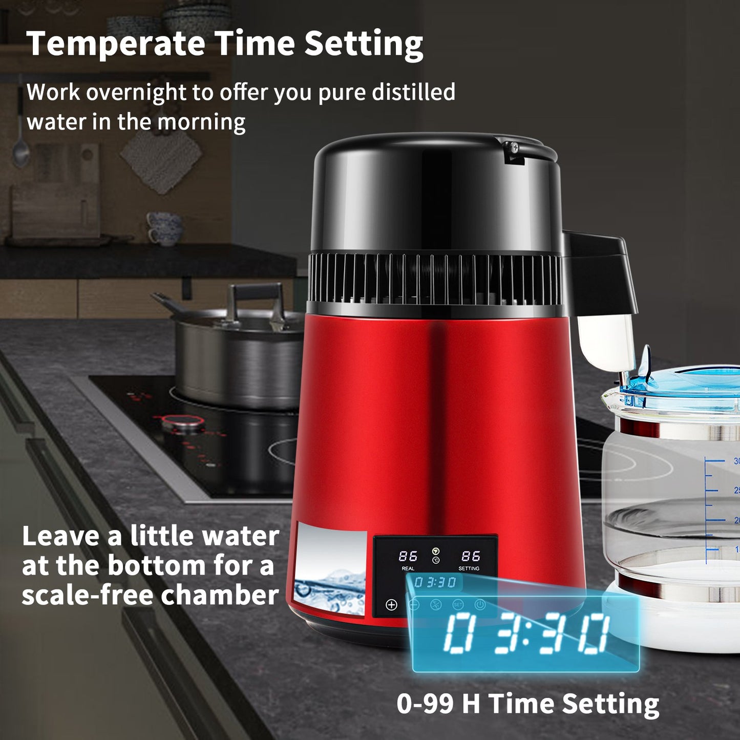 Water Distiller, 1 L/H, 4L Distilled Water Maker with 0-99 H Timing, 750W Countertop Water Purifier with Dual Temp Display, Glass Carafe Cleaning Powder 3 Carbon Packs Equipped, FDA Approved, Red