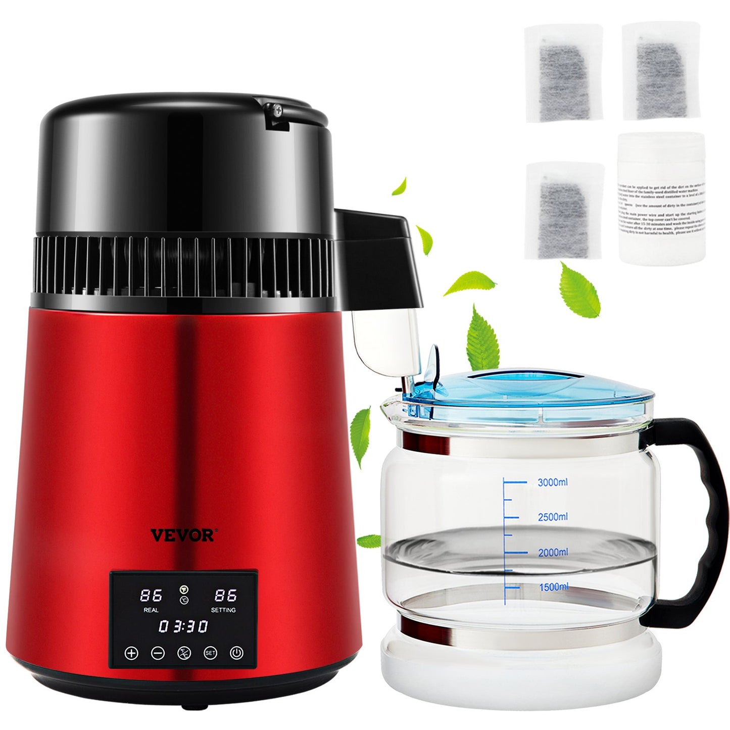 Water Distiller, 1 L/H, 4L Distilled Water Maker with 0-99 H Timing, 750W Countertop Water Purifier with Dual Temp Display, Glass Carafe Cleaning Powder 3 Carbon Packs Equipped, FDA Approved, Red