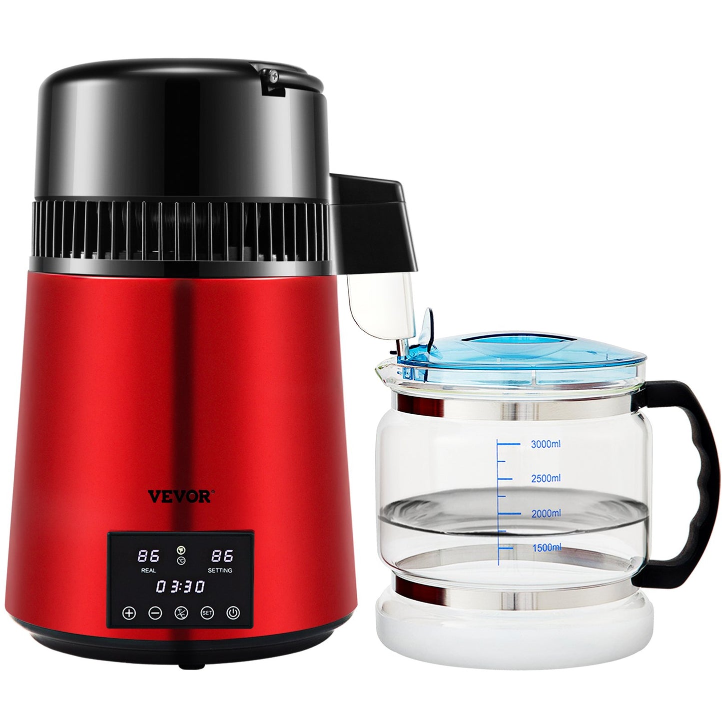 Water Distiller, 1 L/H, 4L Distilled Water Maker with 0-99 H Timing, 750W Countertop Water Purifier with Dual Temp Display, Glass Carafe Cleaning Powder 3 Carbon Packs Equipped, FDA Approved, Red