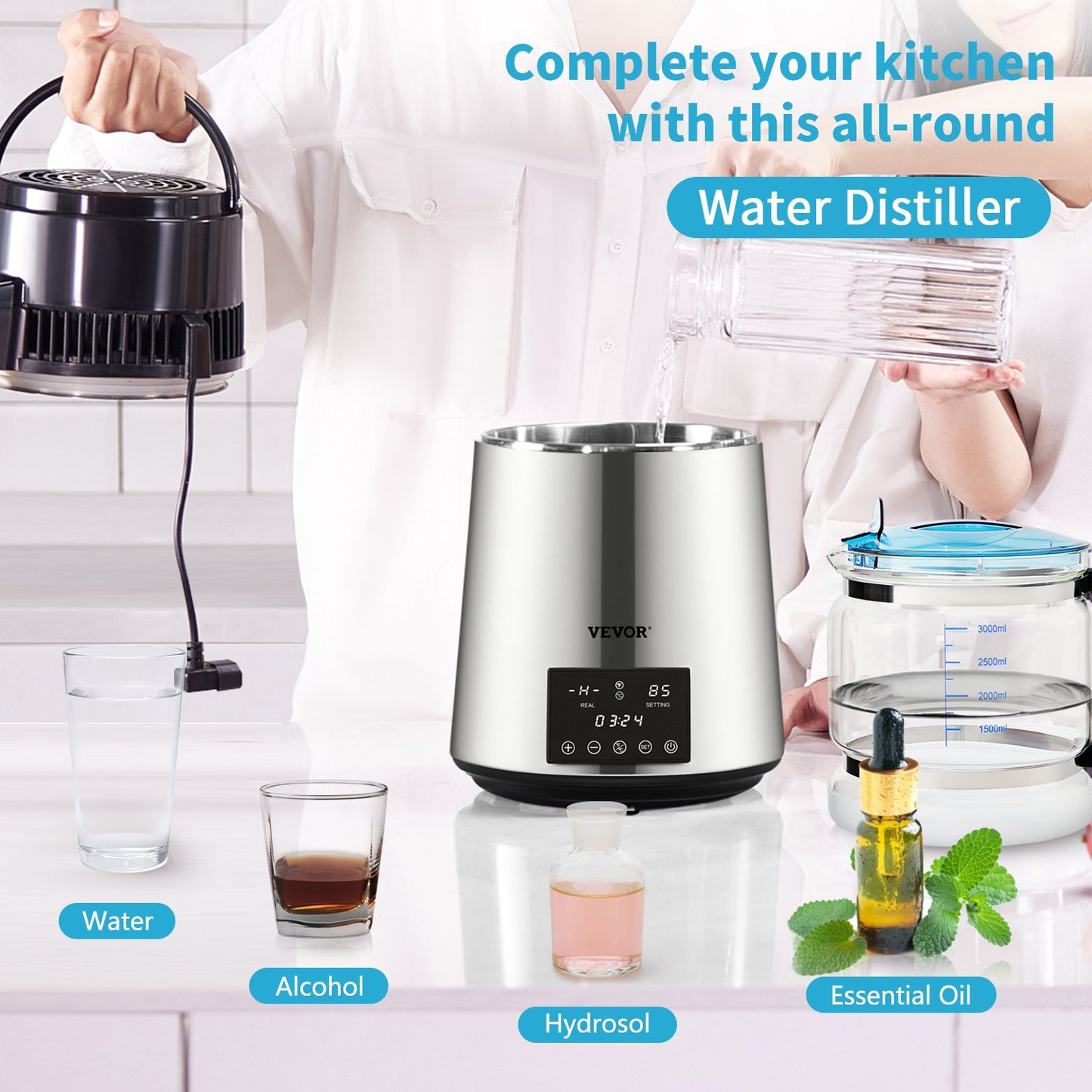 Wasserdestilliergerät, 1 l/h, 4 l destillierter Wasserbereiter mit 0-99-h-Zeitsteuerung, 750-W-Wasserreiniger für die Arbeitsplatte mit doppelter Temperaturanzeige, Glaskaraffe-Reinigungspulver, 3 Aktivkohlepackungen enthalten, FDA-zugelassen, Silber