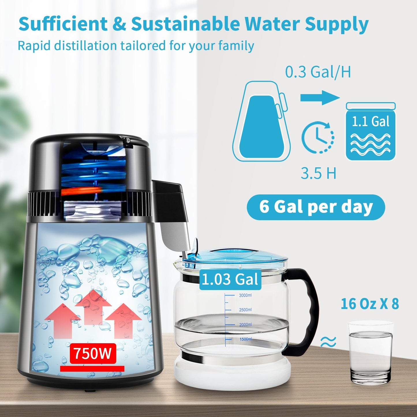 Wasserdestilliergerät, 1 l/h, 4 l destillierter Wasserbereiter mit 0-99-h-Zeitsteuerung, 750-W-Wasserreiniger für die Arbeitsplatte mit doppelter Temperaturanzeige, Glaskaraffe-Reinigungspulver, 3 Aktivkohlepackungen enthalten, FDA-zugelassen, Silber