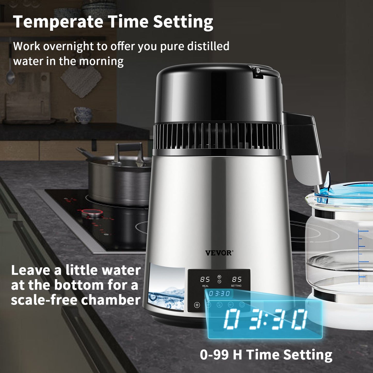 Wasserdestilliergerät, 1 l/h, 4 l destillierter Wasserbereiter mit 0-99-h-Zeitsteuerung, 750-W-Wasserreiniger für die Arbeitsplatte mit doppelter Temperaturanzeige, Glaskaraffe-Reinigungspulver, 3 Aktivkohlepackungen enthalten, FDA-zugelassen, Silber