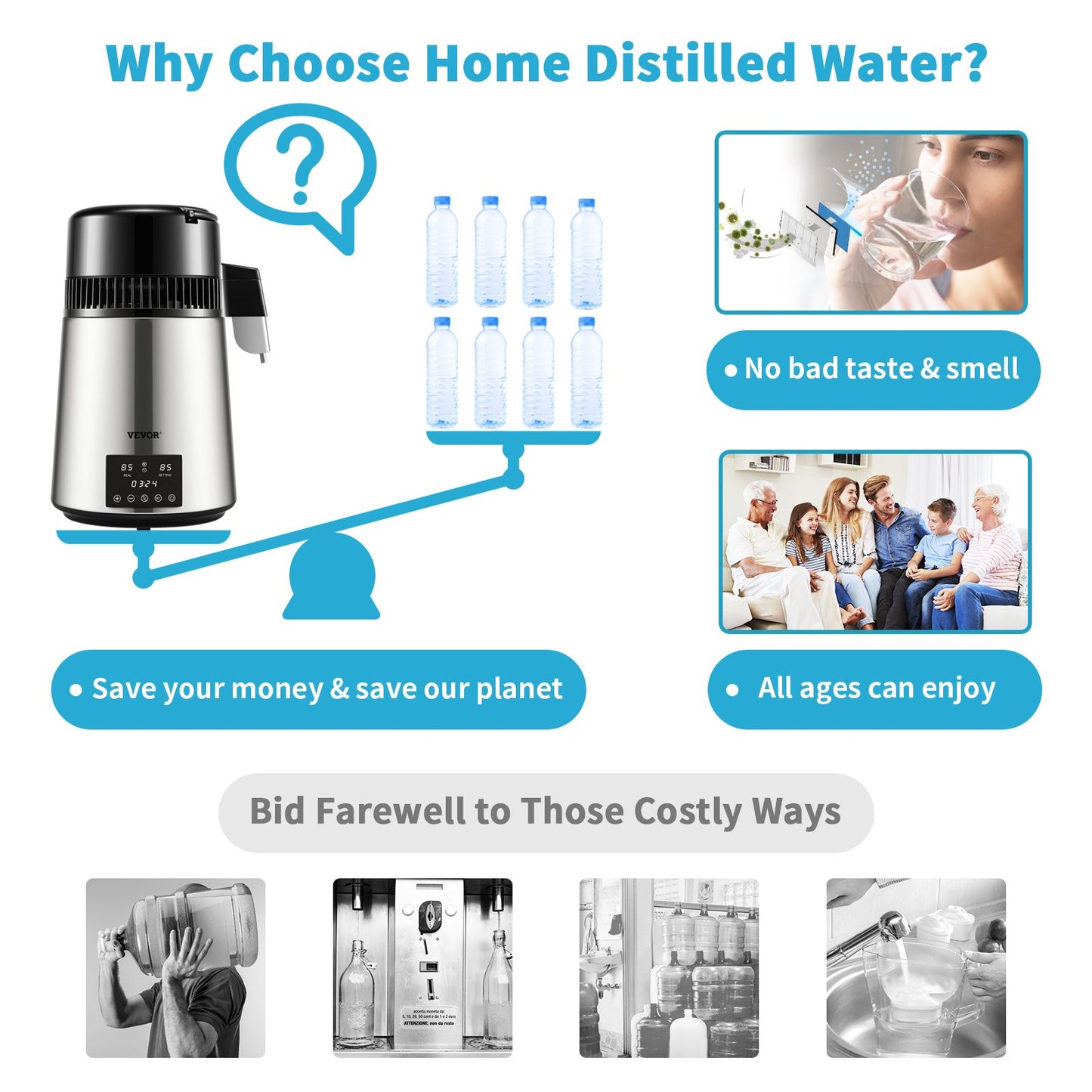 Wasserdestilliergerät, 1 l/h, 4 l destillierter Wasserbereiter mit 0-99-h-Zeitsteuerung, 750-W-Wasserreiniger für die Arbeitsplatte mit doppelter Temperaturanzeige, Glaskaraffe-Reinigungspulver, 3 Aktivkohlepackungen enthalten, FDA-zugelassen, Silber