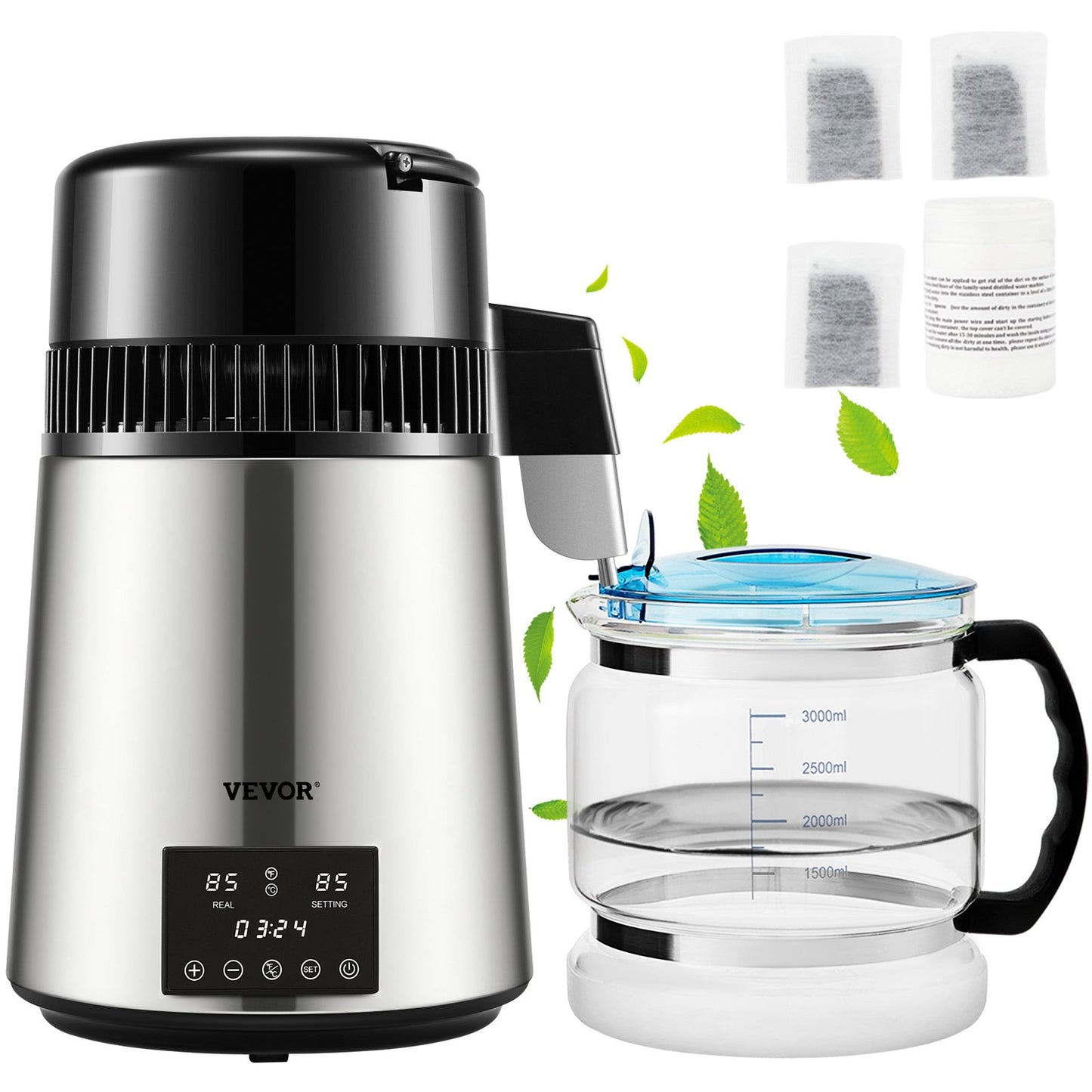 Wasserdestilliergerät, 1 l/h, 4 l destillierter Wasserbereiter mit 0-99-h-Zeitsteuerung, 750-W-Wasserreiniger für die Arbeitsplatte mit doppelter Temperaturanzeige, Glaskaraffe-Reinigungspulver, 3 Aktivkohlepackungen enthalten, FDA-zugelassen, Silber