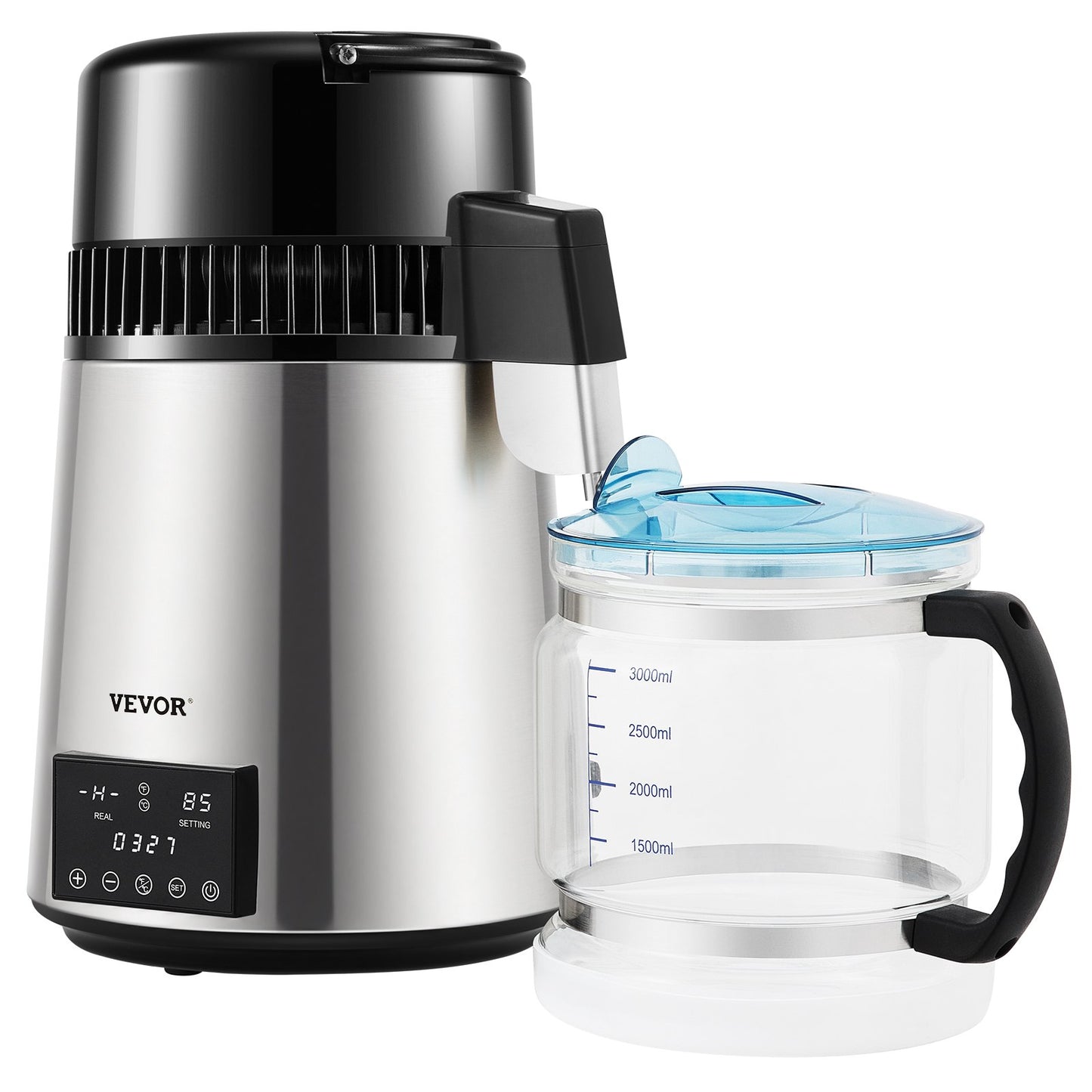 Wasserdestilliergerät, 1 l/h, 4 l destillierter Wasserbereiter mit 0-99-h-Zeitsteuerung, 750-W-Wasserreiniger für die Arbeitsplatte mit doppelter Temperaturanzeige, Glaskaraffe-Reinigungspulver, 3 Aktivkohlepackungen enthalten, FDA-zugelassen, Silber