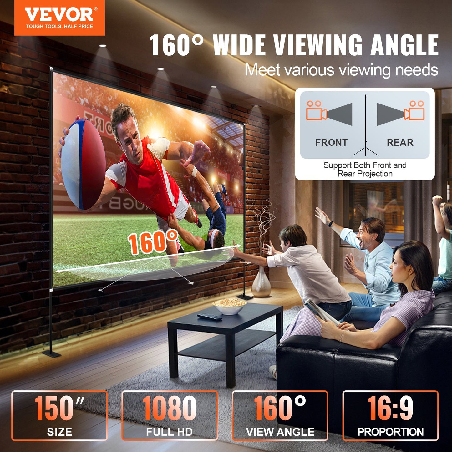 Utomhusfilmduk med stativ, 150" bärbar filmduk, 16:9 HD-vidvinkel utomhusprojektorduk, front- och bakprojektion, med förvaringsväska och stativ för kontorshemmabio utomhusbruk inomhusbruk