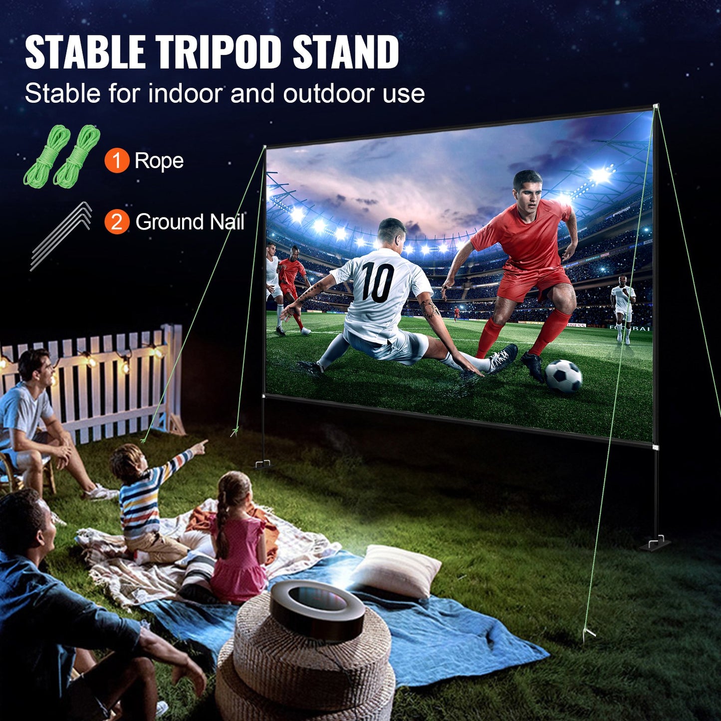 Utomhusfilmduk med stativ, 150" bärbar filmduk, 16:9 HD-vidvinkel utomhusprojektorduk, front- och bakprojektion, med förvaringsväska och stativ för kontorshemmabio utomhusbruk inomhusbruk