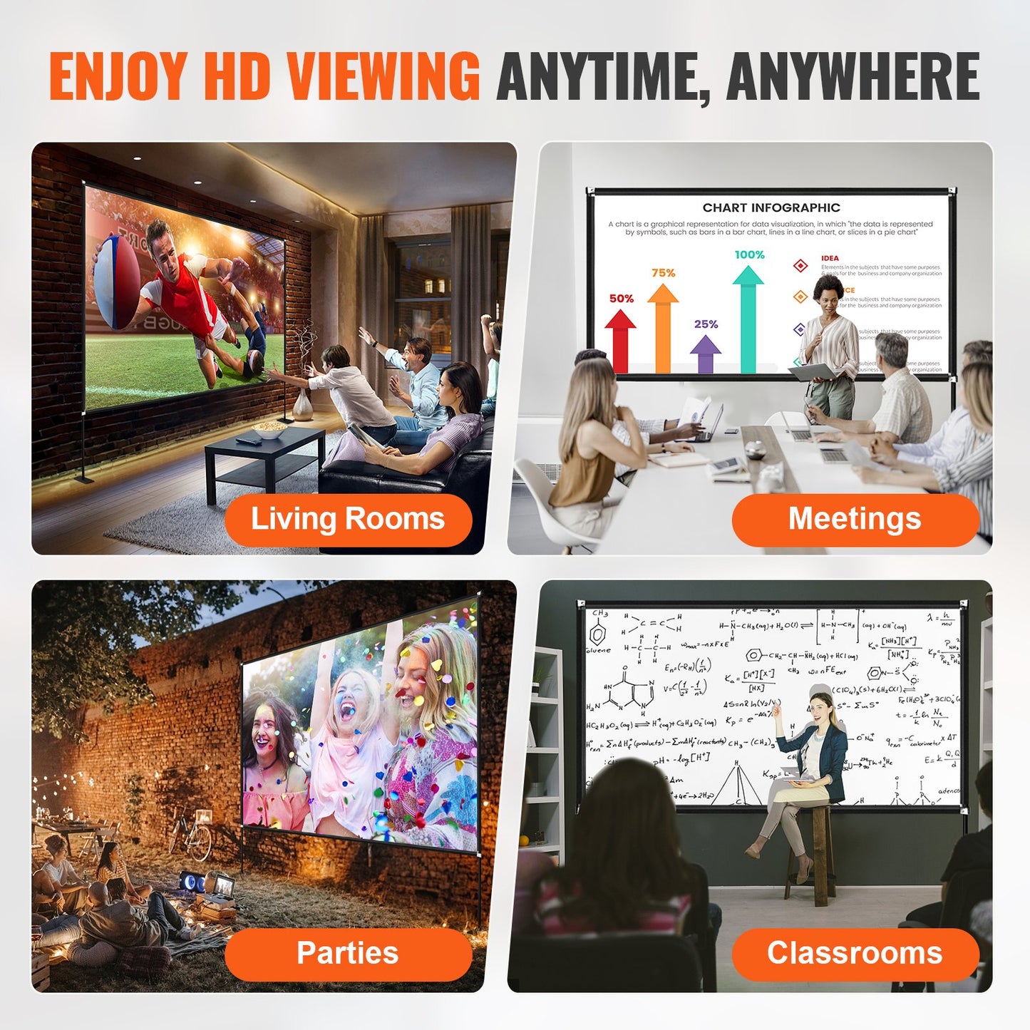 Utomhusfilmduk med stativ, 150" bärbar filmduk, 16:9 HD-vidvinkel utomhusprojektorduk, front- och bakprojektion, med förvaringsväska och stativ för kontorshemmabio utomhusbruk inomhusbruk