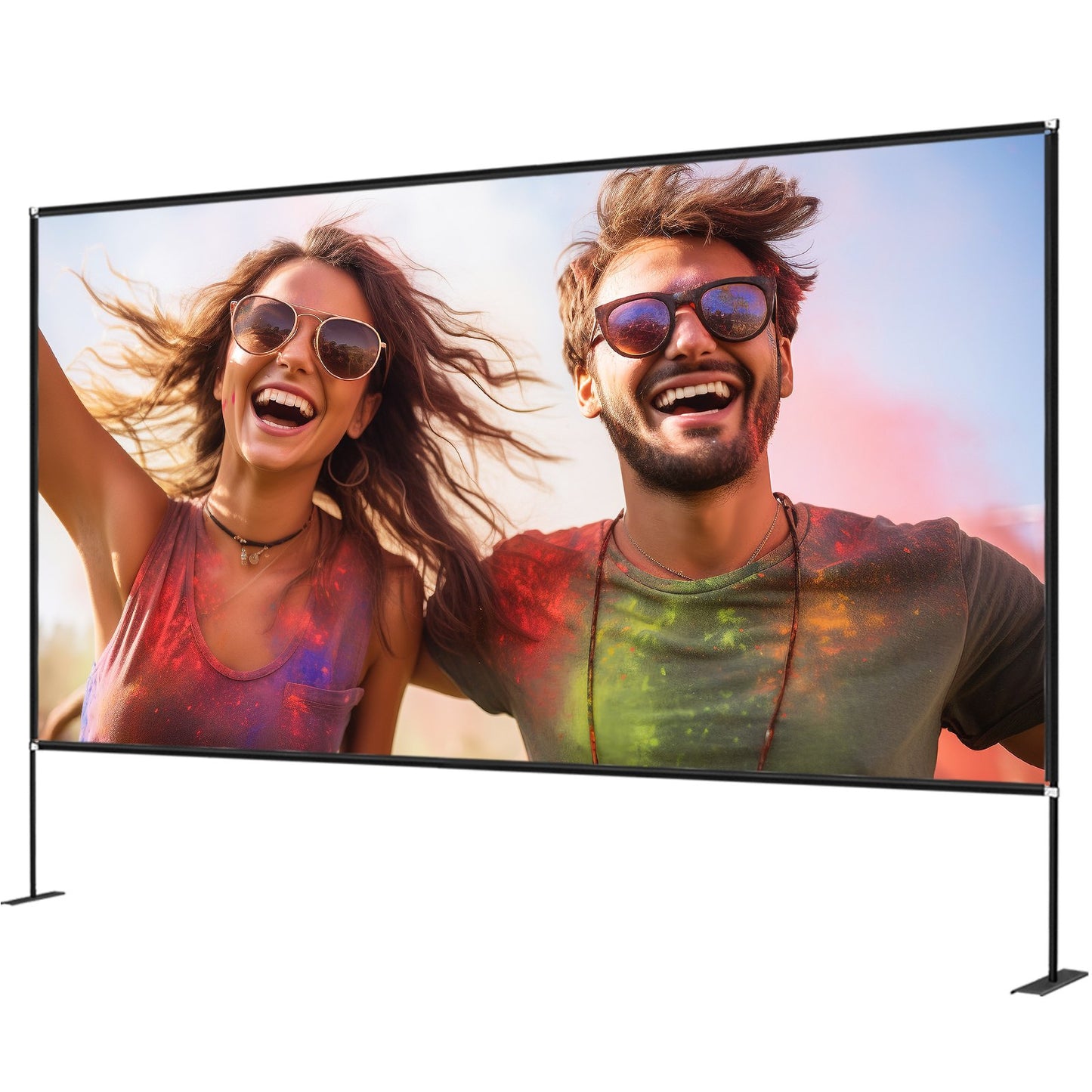 Utomhusfilmduk med stativ, 150" bärbar filmduk, 16:9 HD-vidvinkel utomhusprojektorduk, front- och bakprojektion, med förvaringsväska och stativ för kontorshemmabio utomhusbruk inomhusbruk