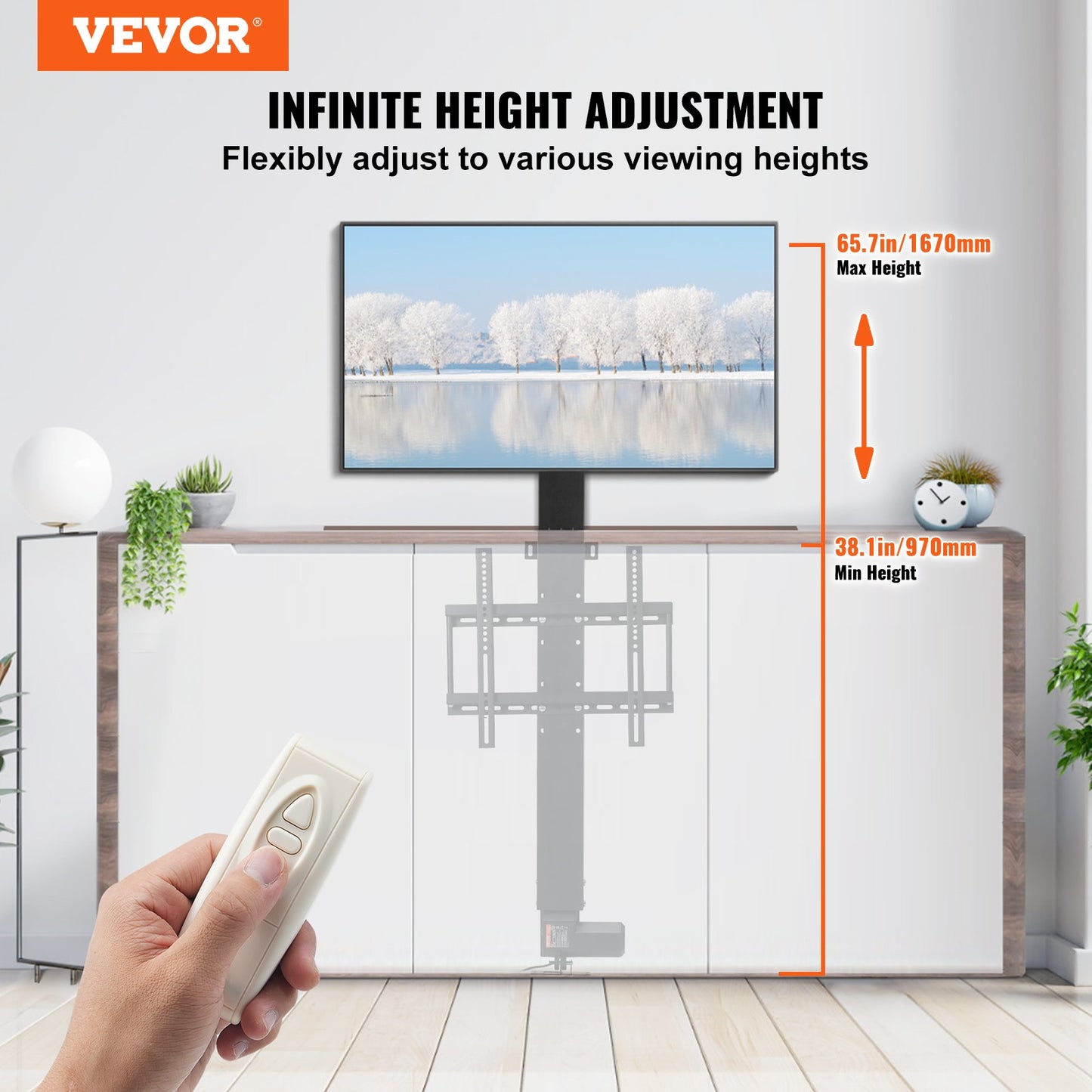 Motorized TV Lift Stroke 28 inches Motorized TV Mount Fits 26-57 inch TV Lift with Remote Control Height Adjustable 28 inches Load Capacity 132 Lbs