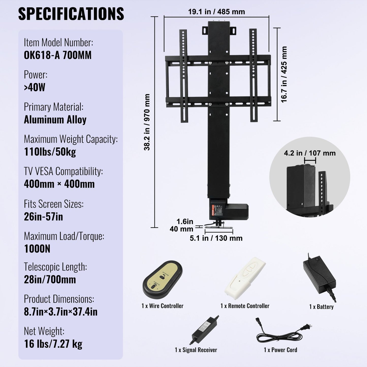 Motorized TV Lift Stroke 28 inches Motorized TV Mount Fits 26-57 inch TV Lift with Remote Control Height Adjustable 28 inches Load Capacity 132 Lbs