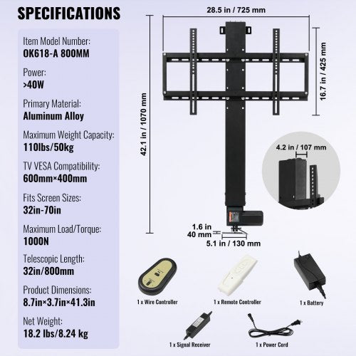 TV Lift Stand Motorized TV Auto Lift Mounting Bracket for 26"-60" Flat Screen LCD/LED/OLED Plasma TV Heavy Duty Electric TV Mount Motorized TV Lift
