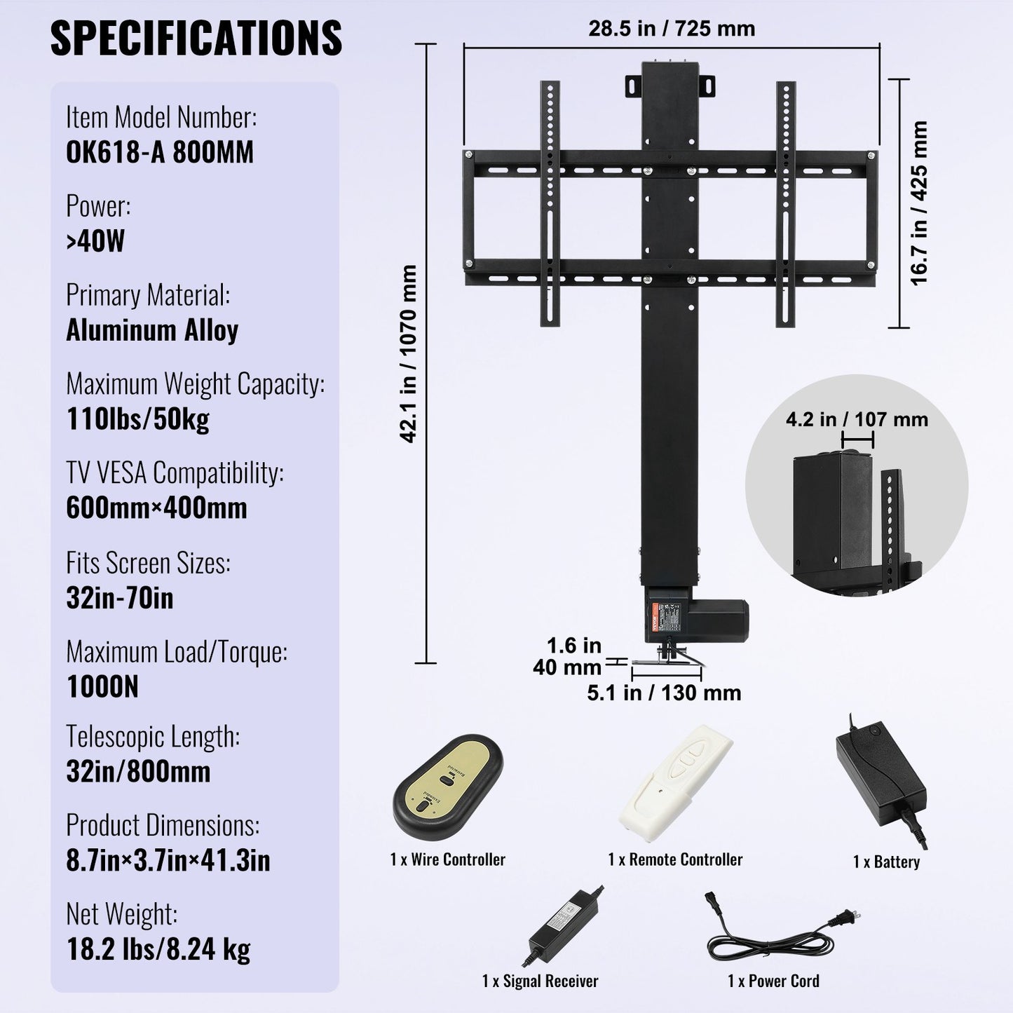 TV Lift Stand Motorized TV Auto Lift Monteringsfäste för 26"-60" Flat Screen LCD/LED/OLED Plasma TV Heavy Duty Electric TV Mount Motorized TV Lift