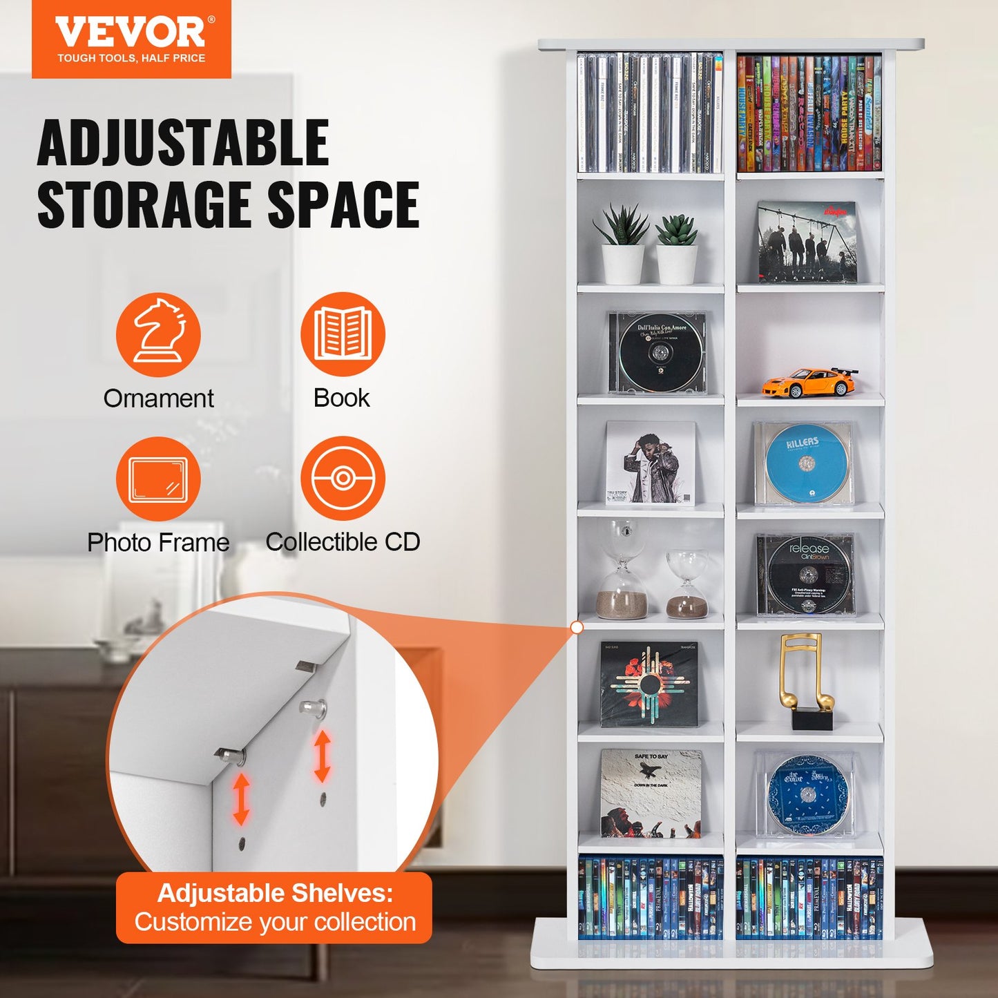 Media Storage Cabinet 8 Lager Justerbara DVD-hyllor Rymmer 464 CD-skivor Vita