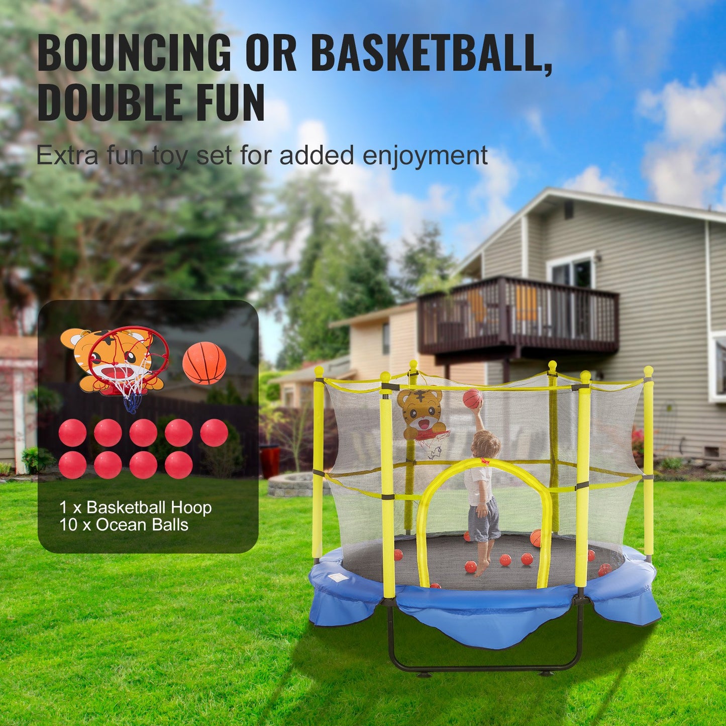 5FT studsmatta för barn, 60-tums utomhusstudsmatta med skyddsnät, basketbåge och havsbollar, födelsedagspresenter för småbarns studsmatta för 3+ år barn