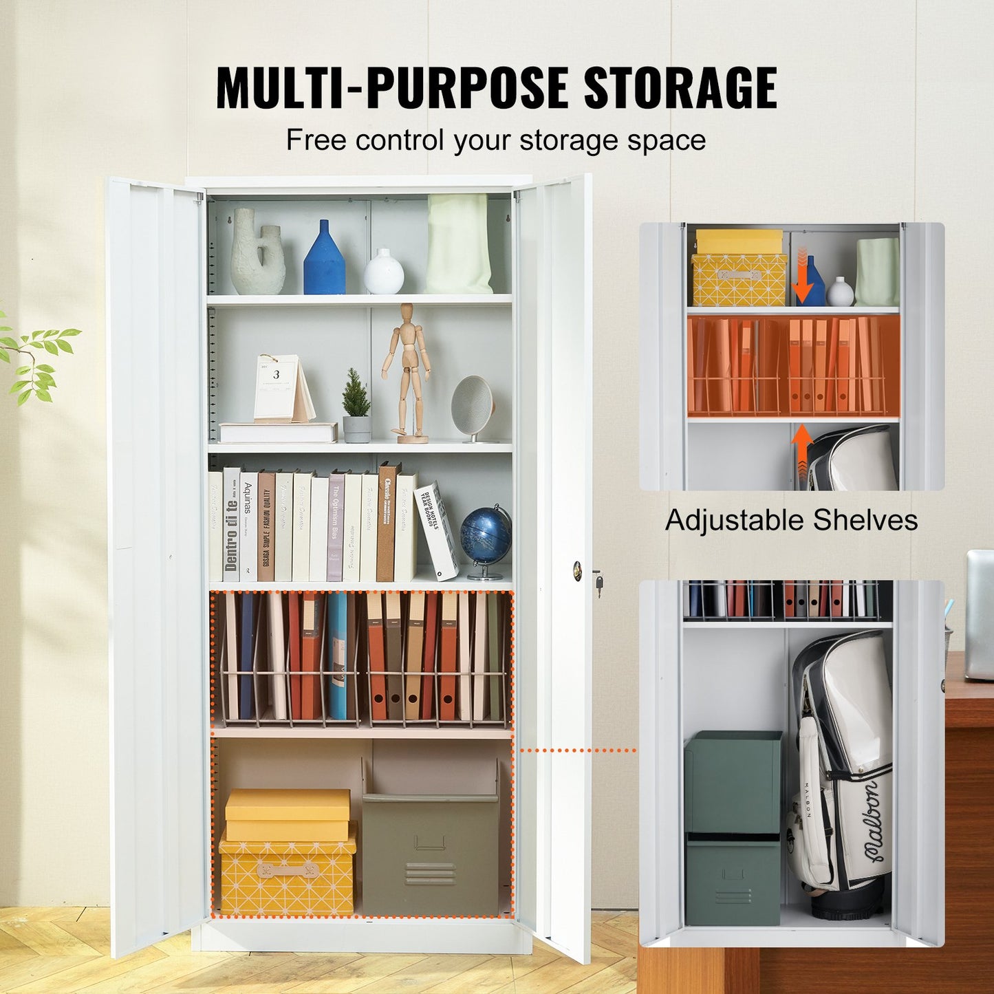 Metal Storage Cabinet, Steel Locking Storage Cabinet with 2 Magnetic Doors and 4 Adjustable Shelves, 71'' Metal Cabinet 200 lbs Capacity Per Shelf with 3 Keys, for Office, Home, Garage, White
