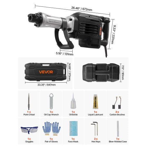 Rivningshammare, 3000 W kraftfull elektrisk tryckluftshammare, 1700 slag/min betongbrytare med spetsmejsel, bärväska, handskar, skyddsglasögon, för betong, vägg, tegel, kakel och grund | EU