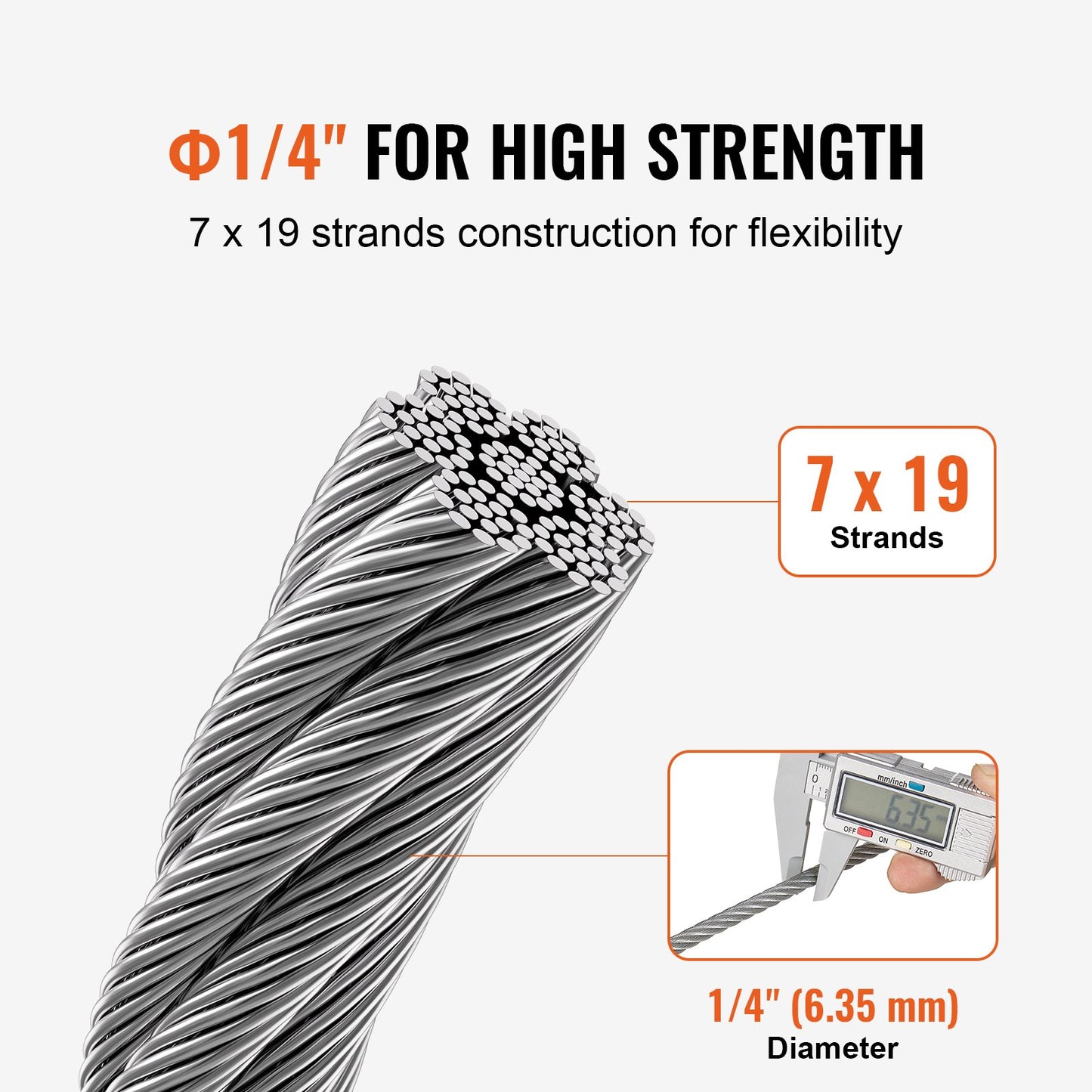 Kolstålkabel 1/4" 7x19 trådar stålvajer 250 fot kabelräcke
