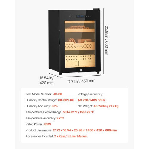 Elektrisk Humidor, 60L, 350 Counts Elektrisk Cigar Humidor Skåp med Kompressorkylning, Konstant Fuktighets- och Temperaturkontroll, Hyllor och Lådor i Spanskt Cederträ, 3 Lager, För Hushållet | EU