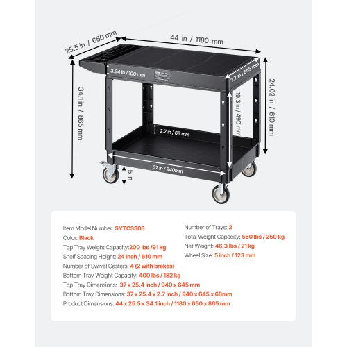 2-hylls Utility Cart 550 lbs 37 x 25,4-tums servicevagn med hjul | EU
