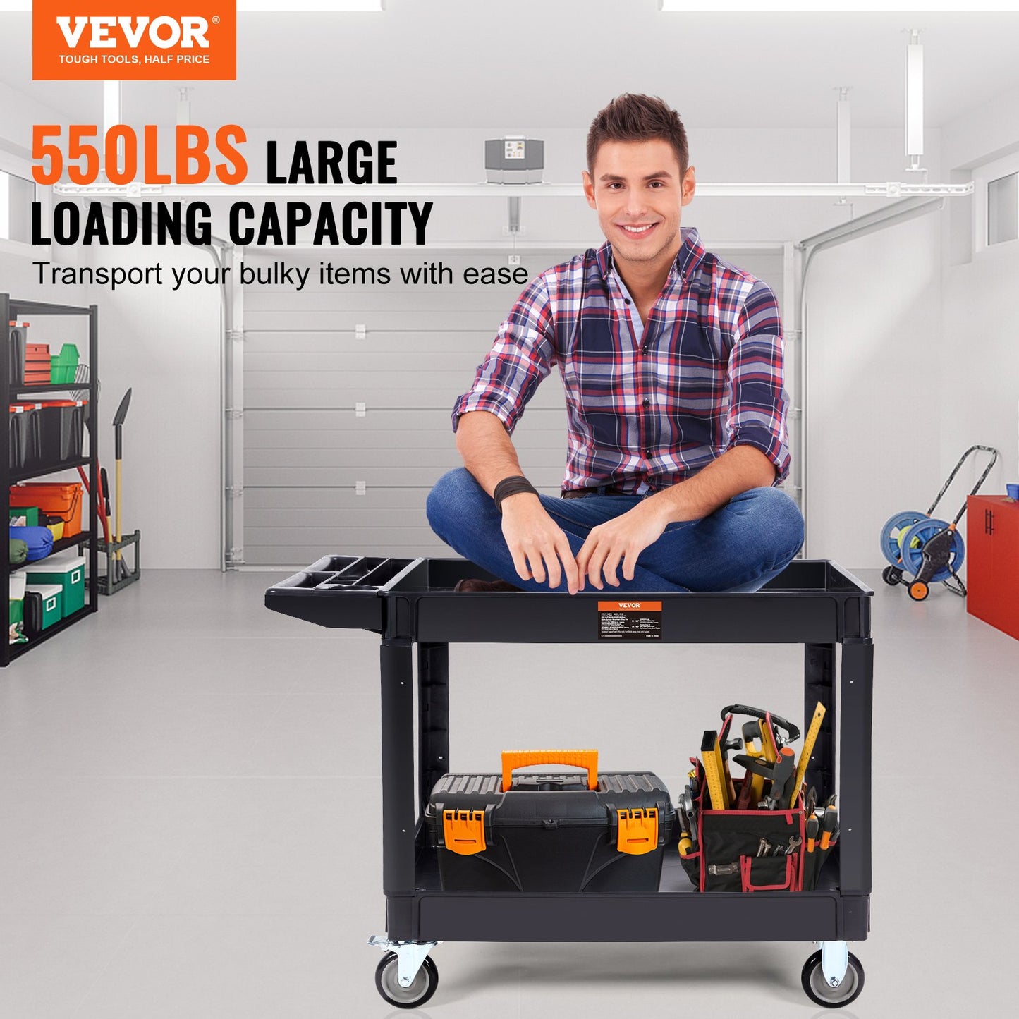 Utility Service Cart, 2 Shelves 550LBS Heavy Duty Plastic Roll Utility Cart with 360° Swivel Wheels (2 with Brakes), Large Lipped Shelf, Ergonomic Storage Handle for Warehouse/Garage/Cleaning