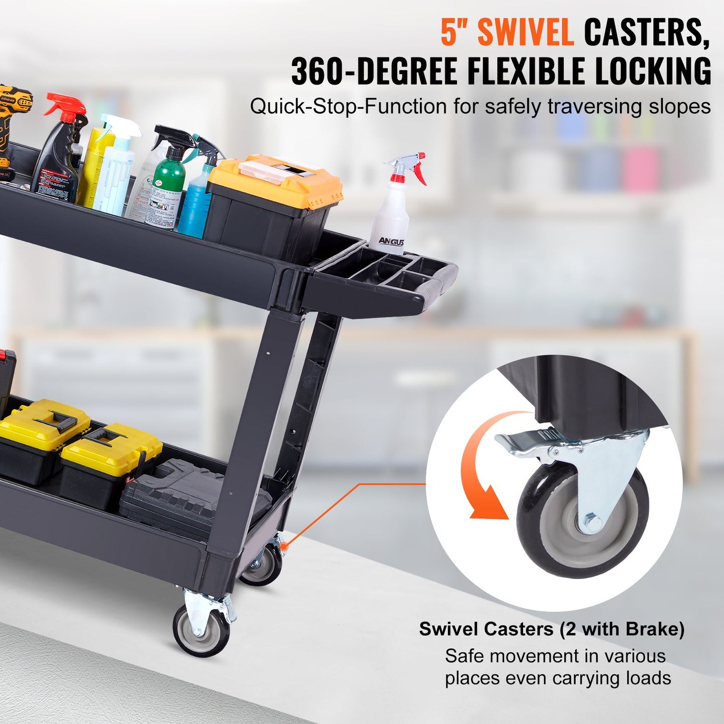 Utility Service Cart, 2 Shelves 550LBS Heavy Duty Plastic Roll Utility Cart with 360° Swivel Wheels (2 with Brakes), Large Lipped Shelf, Ergonomic Storage Handle for Warehouse/Garage/Cleaning