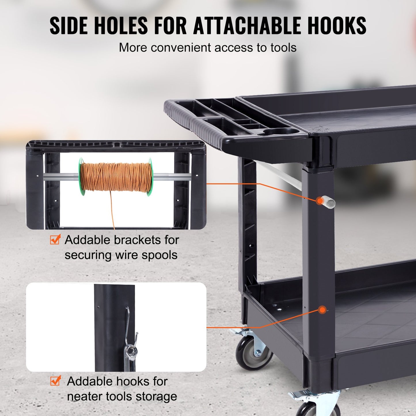 Utility Service Cart, 2 Shelves 550LBS Heavy Duty Plastic Roll Utility Cart with 360° Swivel Wheels (2 with Brakes), Large Lipped Shelf, Ergonomic Storage Handle for Warehouse/Garage/Cleaning