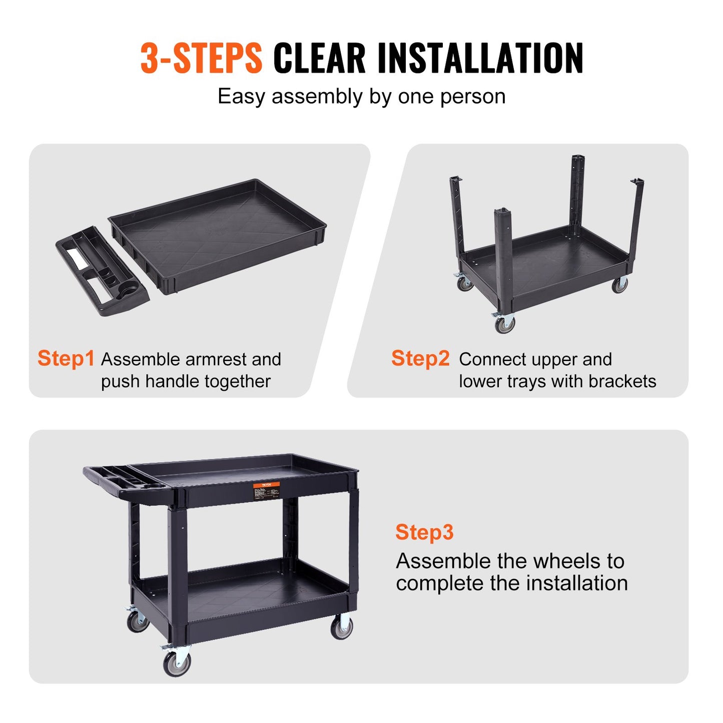 Utility Service Cart, 2 Shelves 550LBS Heavy Duty Plastic Roll Utility Cart with 360° Swivel Wheels (2 with Brakes), Large Lipped Shelf, Ergonomic Storage Handle for Warehouse/Garage/Cleaning