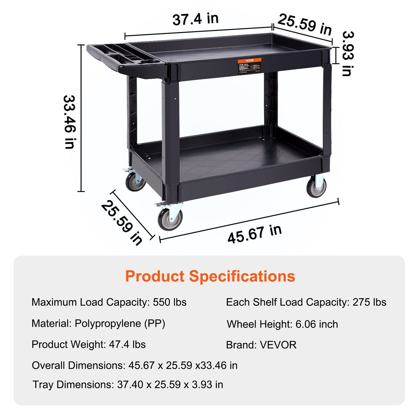 Utility Service Cart, 2 Shelves 550LBS Heavy Duty Plastic Roll Utility Cart with 360° Swivel Wheels (2 with Brakes), Large Lipped Shelf, Ergonomic Storage Handle for Warehouse/Garage/Cleaning