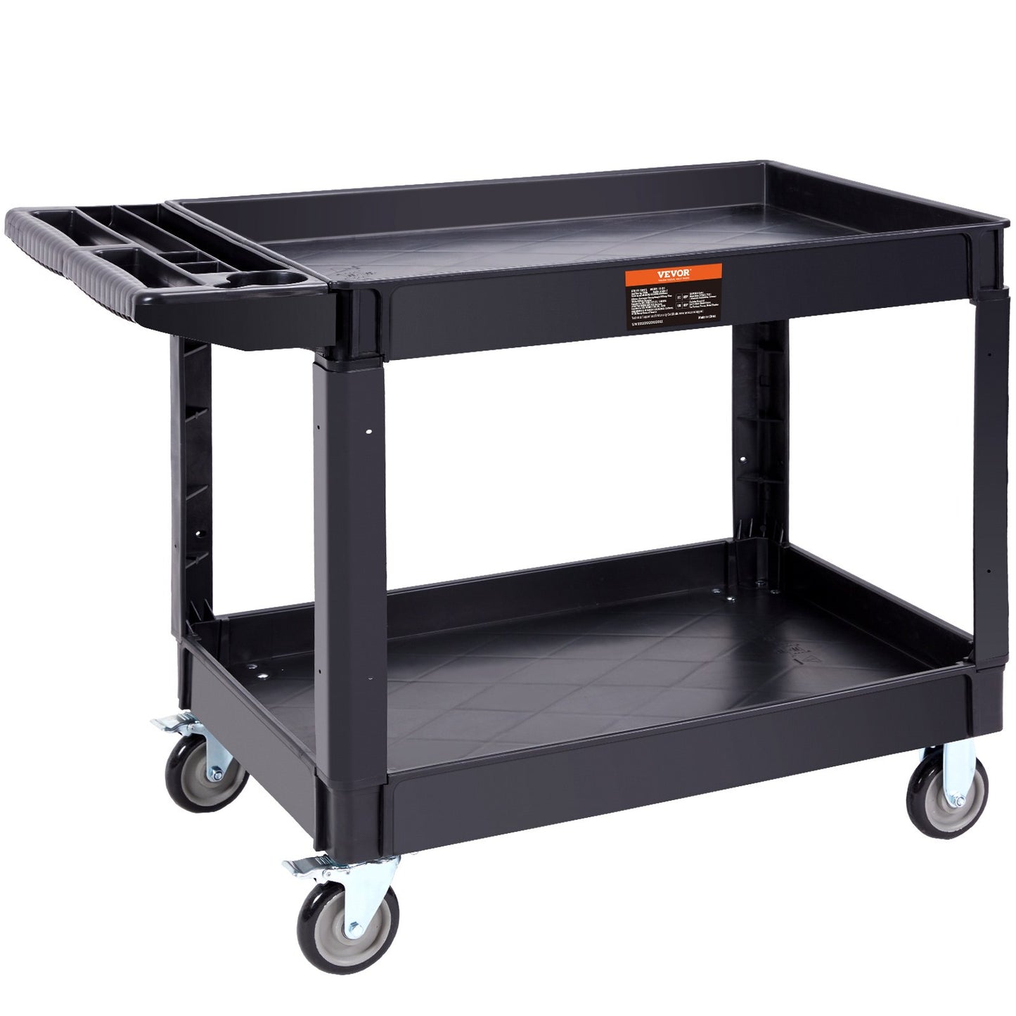 Utility Service Cart, 2 Shelves 550LBS Heavy Duty Plastic Roll Utility Cart with 360° Swivel Wheels (2 with Brakes), Large Lipped Shelf, Ergonomic Storage Handle for Warehouse/Garage/Cleaning