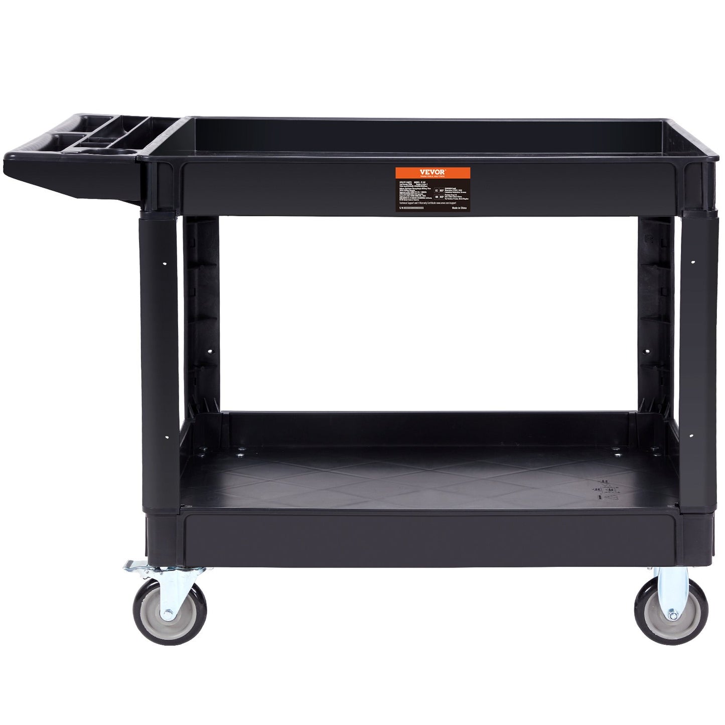 Utility Service Cart, 2 Shelves 550LBS Heavy Duty Plastic Roll Utility Cart with 360° Swivel Wheels (2 with Brakes), Large Lipped Shelf, Ergonomic Storage Handle for Warehouse/Garage/Cleaning