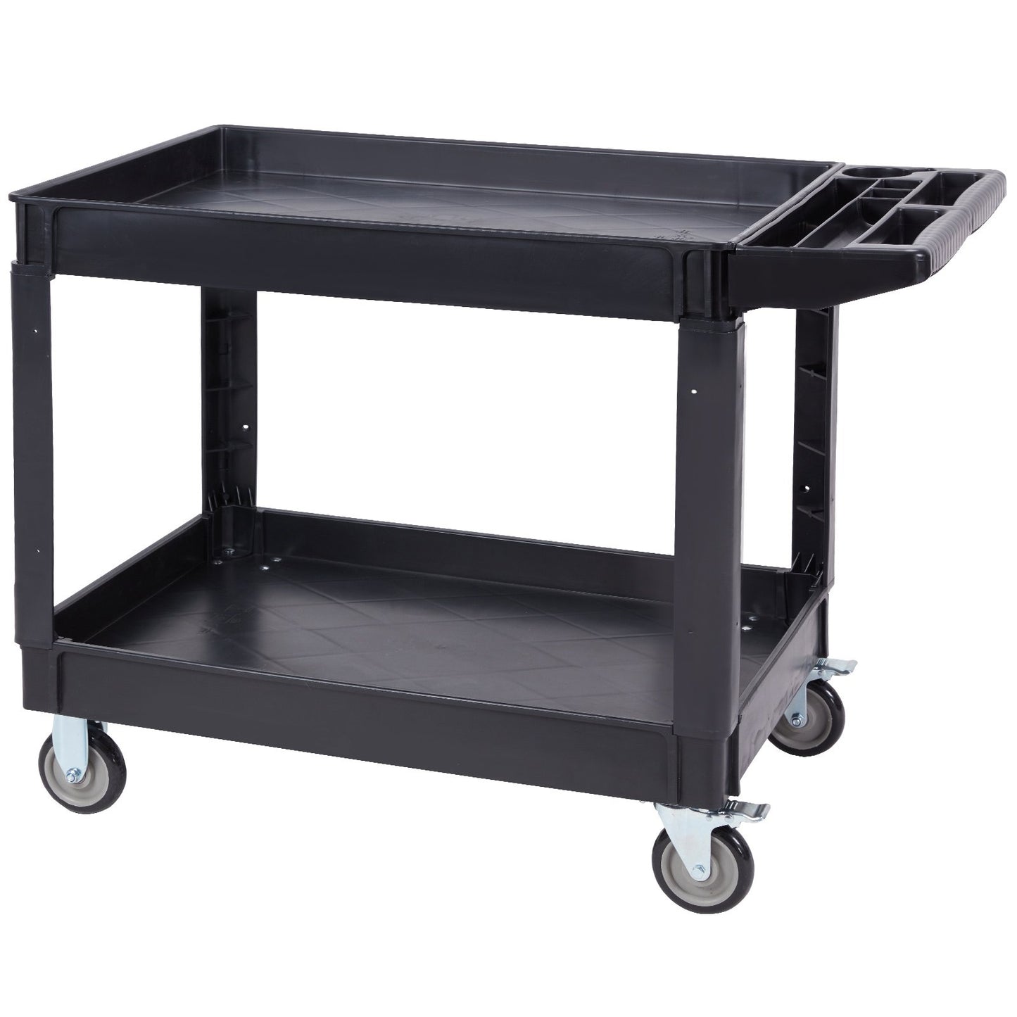 Utility Service Cart, 2 Shelves 550LBS Heavy Duty Plastic Roll Utility Cart with 360° Swivel Wheels (2 with Brakes), Large Lipped Shelf, Ergonomic Storage Handle for Warehouse/Garage/Cleaning