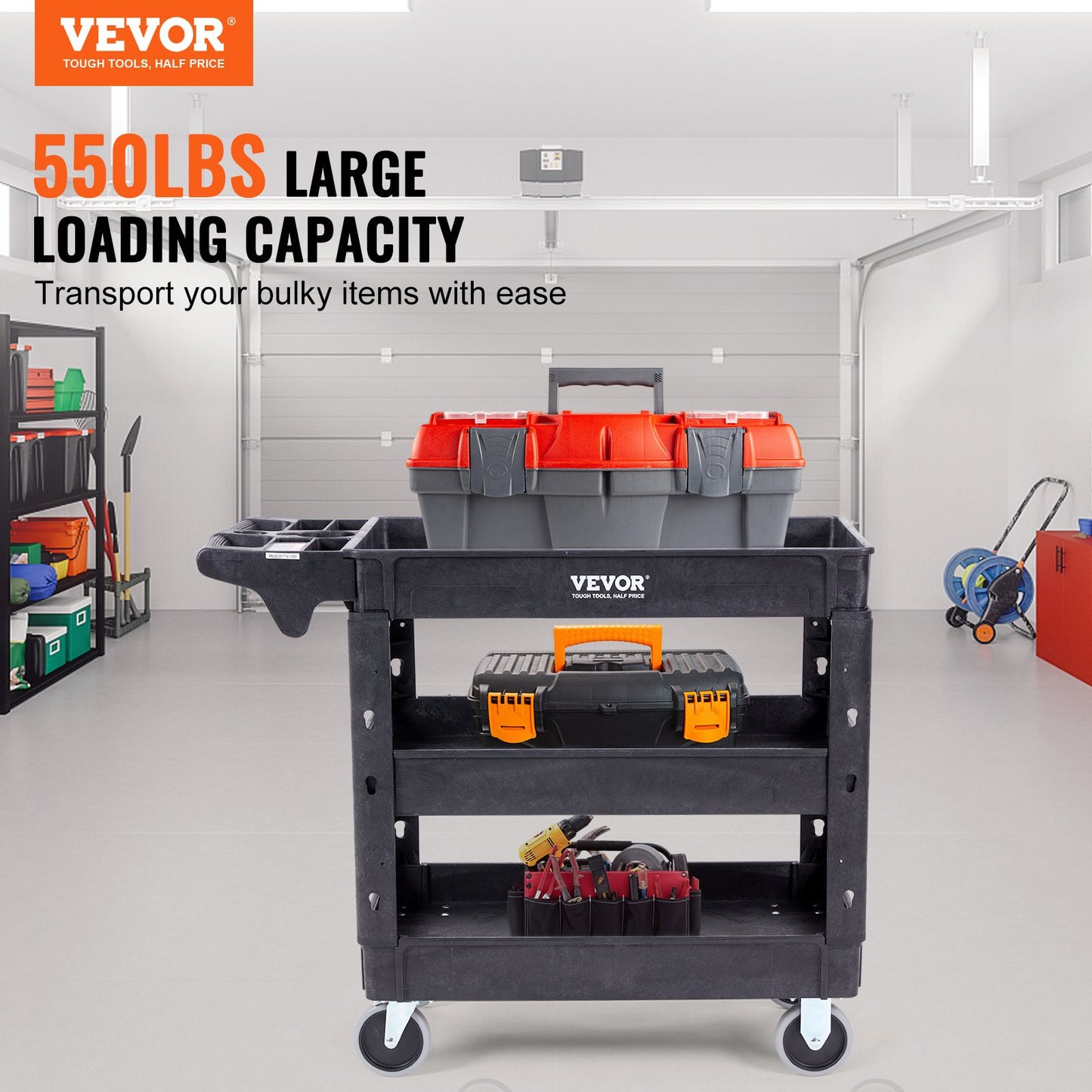 Utility Service Cart, 3 hyllor 550LBS Heavy Duty Plast Roll Utility Cart med 360° svängbara hjul (2 med bromsar), Medium Läpp Hylla, Ergonomiskt förvaringshandtag för lager/garage/rengöring