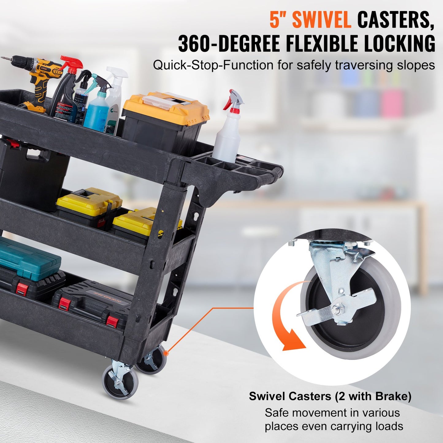 Utility Service Cart, 3 hyllor 550LBS Heavy Duty Plast Roll Utility Cart med 360° svängbara hjul (2 med bromsar), Medium Läpp Hylla, Ergonomiskt förvaringshandtag för lager/garage/rengöring