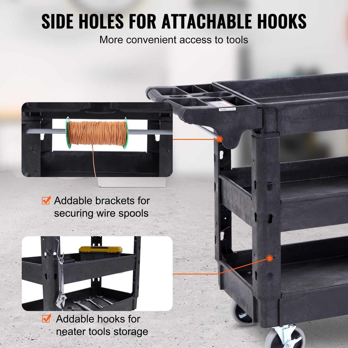Utility Service Cart, 3 hyllor 550LBS Heavy Duty Plast Roll Utility Cart med 360° svängbara hjul (2 med bromsar), Medium Läpp Hylla, Ergonomiskt förvaringshandtag för lager/garage/rengöring