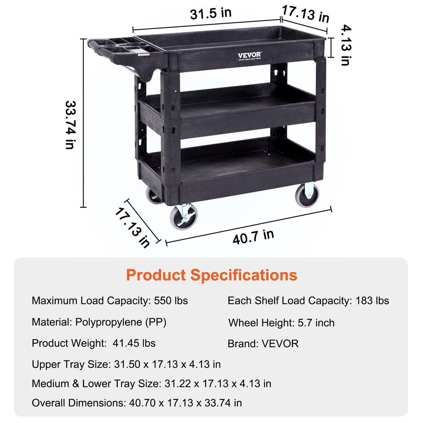 Utility Service Cart, 3 hyllor 550LBS Heavy Duty Plast Roll Utility Cart med 360° svängbara hjul (2 med bromsar), Medium Läpp Hylla, Ergonomiskt förvaringshandtag för lager/garage/rengöring