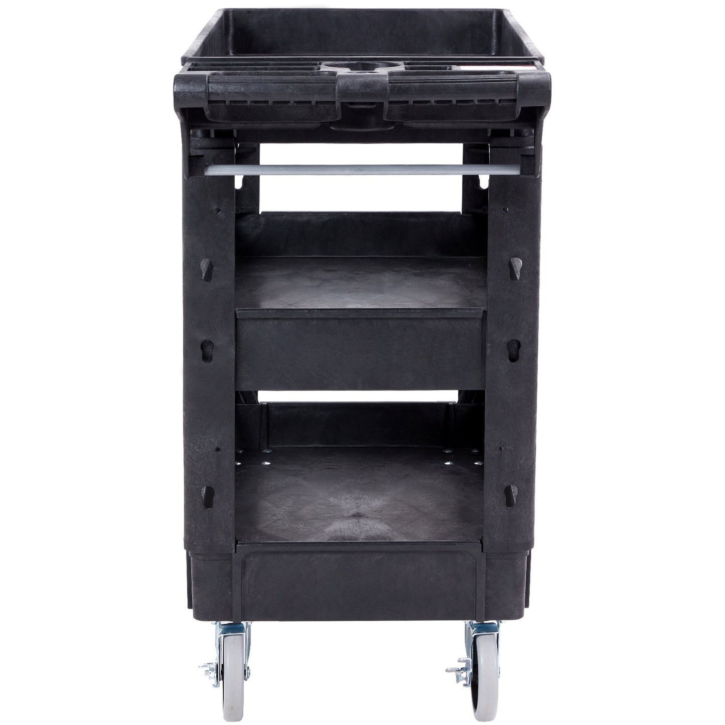 Utility Service Cart, 3 hyllor 550LBS Heavy Duty Plast Roll Utility Cart med 360° svängbara hjul (2 med bromsar), Medium Läpp Hylla, Ergonomiskt förvaringshandtag för lager/garage/rengöring