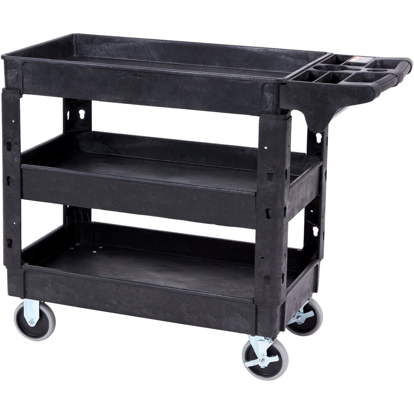 Utility Service Cart, 3 hyllor 550LBS Heavy Duty Plast Roll Utility Cart med 360° svängbara hjul (2 med bromsar), Medium Läpp Hylla, Ergonomiskt förvaringshandtag för lager/garage/rengöring