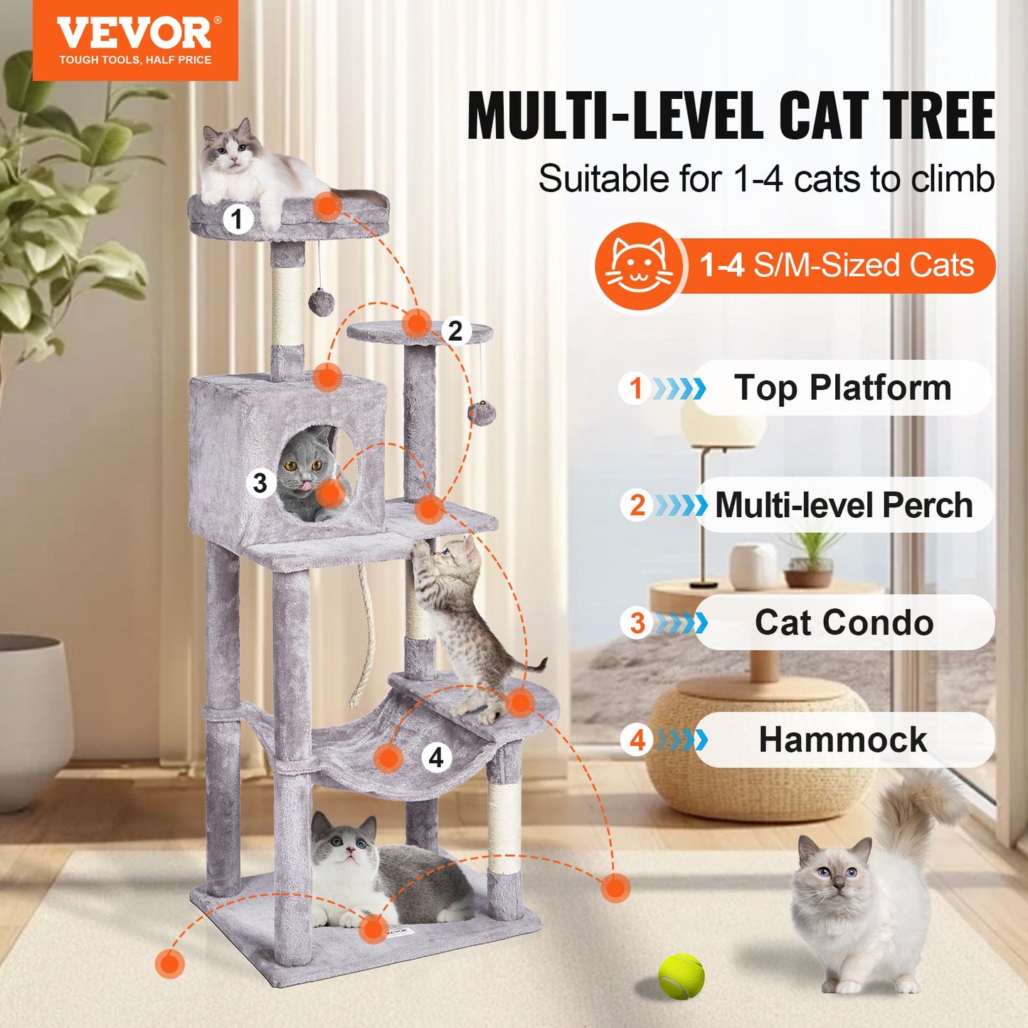 Cat Tree 56.2" Cat Tower with Cat Condo Sisal Scratching Post Light Gray