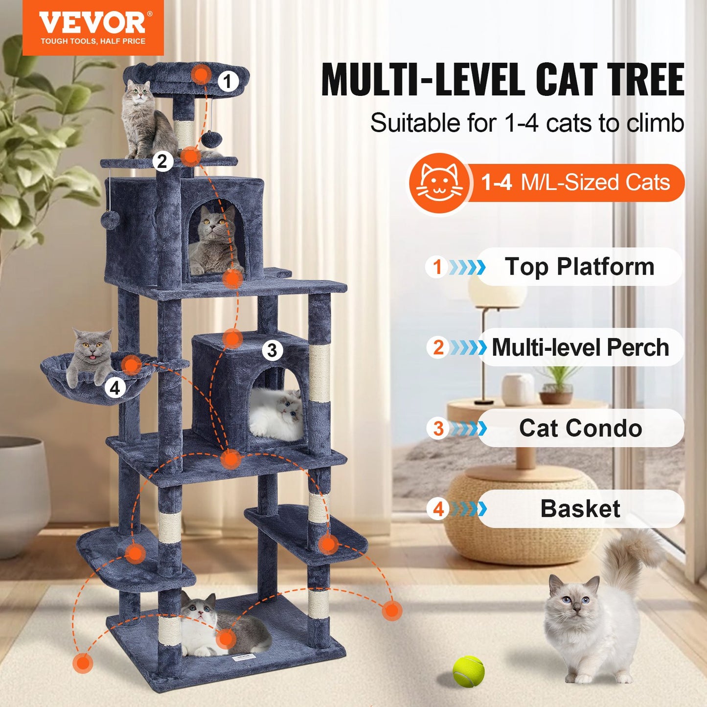 Cat Tree 68.5" Cat Tower with Cat Condos Sisal Scratching Post Dark Gray