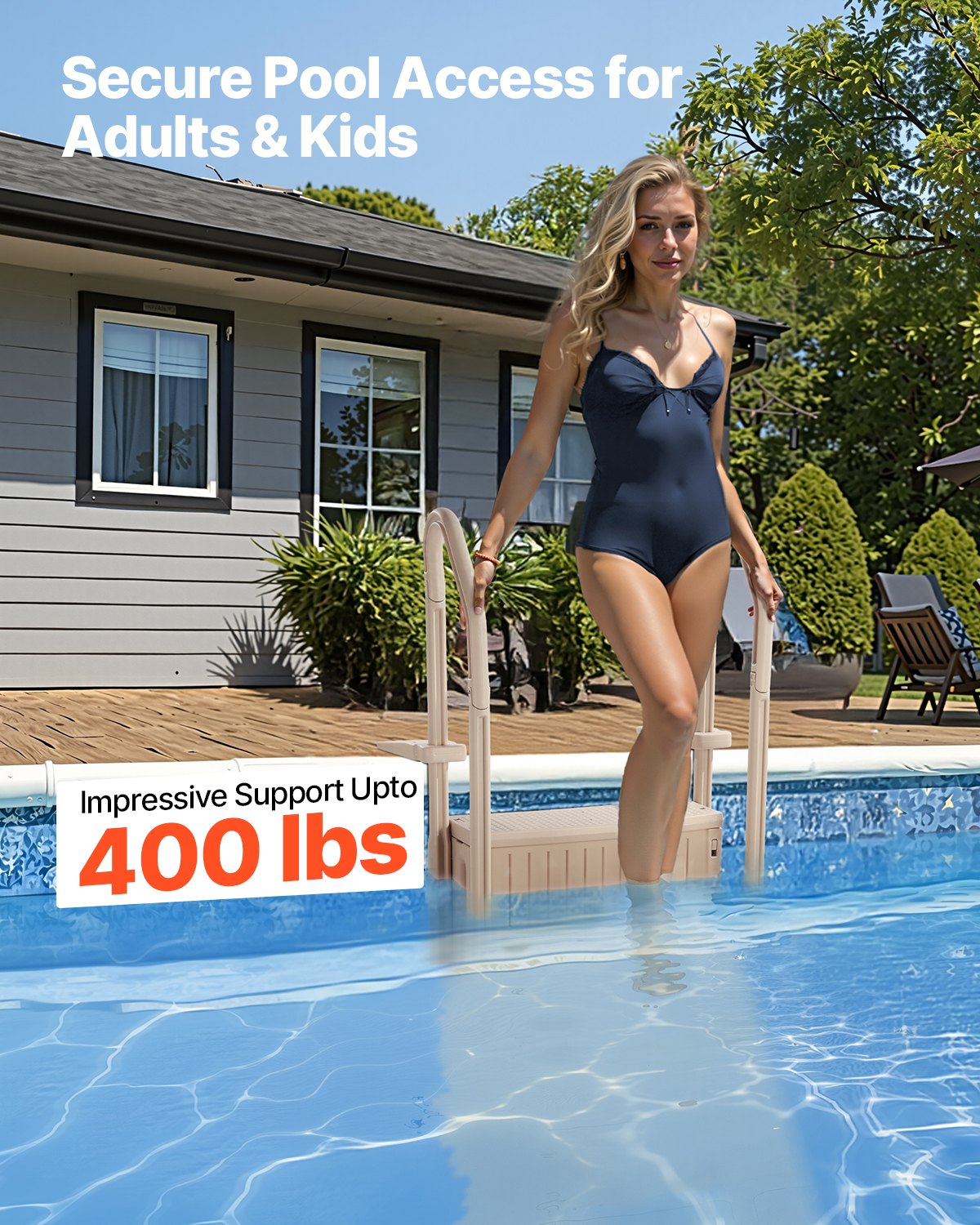 3-stegs taupe poolstege med 2 ledstänger stödjer 400 lb för 36-48 i pooler