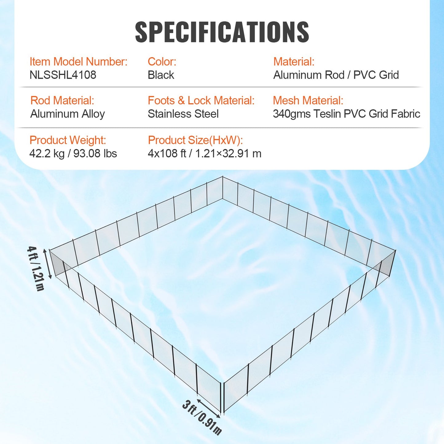 Pool Fence, 4 x 108 FT Pool Fence for Inground Pools, Removable Child Safety Pool Fence, Easy DIY Installation Pool Fence, 340 Gram Teslin PVC Pool Fence Mesh Protects Children and Pets