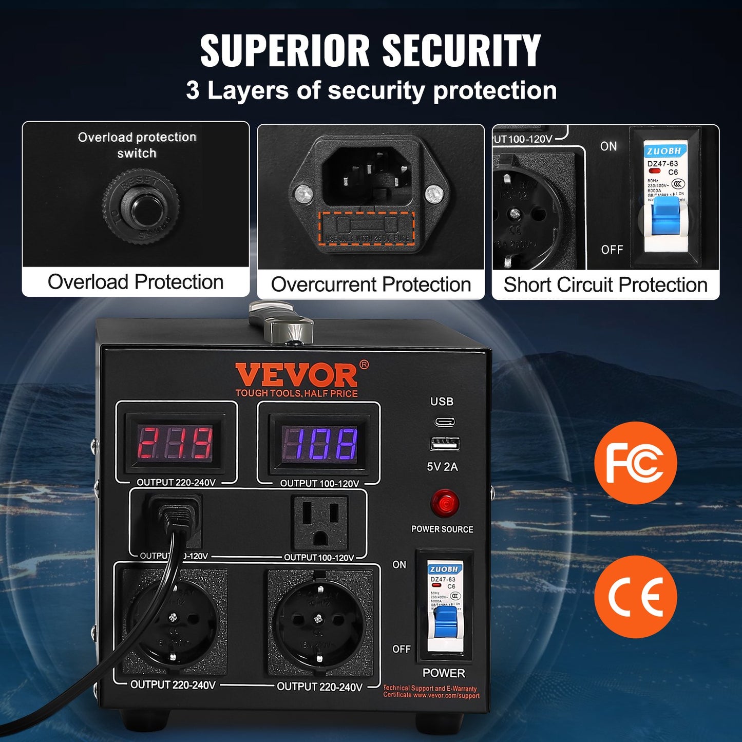 Volt-Konverter-Transformator, 2000 VA, Hochleistungs-Aufwärts-/Abwärtstransformator, Konvertierung von 110 Volt auf 220 Volt und von 220 Volt auf 110 Volt, mit US-Steckdose, EU-Steckdose, 5-V-USB-Anschluss, CE-zertifiziert