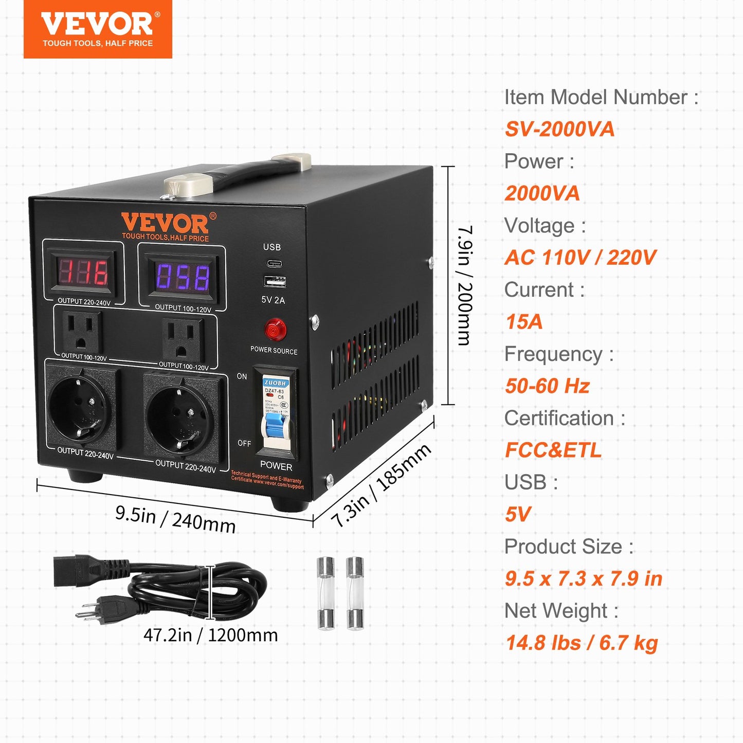 Volt-Konverter-Transformator, 2000 VA, Hochleistungs-Aufwärts-/Abwärtstransformator, Konvertierung von 110 Volt auf 220 Volt und von 220 Volt auf 110 Volt, mit US-Steckdose, EU-Steckdose, 5-V-USB-Anschluss, CE-zertifiziert